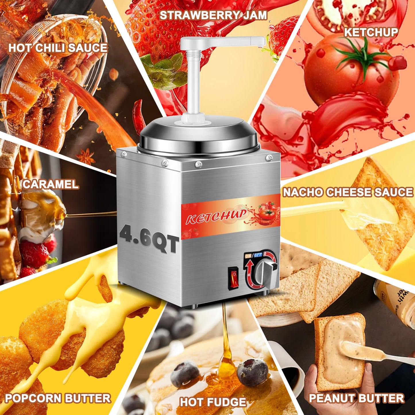 Nacho Cheese Dispenser 4.7Qt Nacho Cheese Warmer Commercial Hot Fudge Dispenser for for Cheese Caramel, with 2 Pumps and 8 Stickers