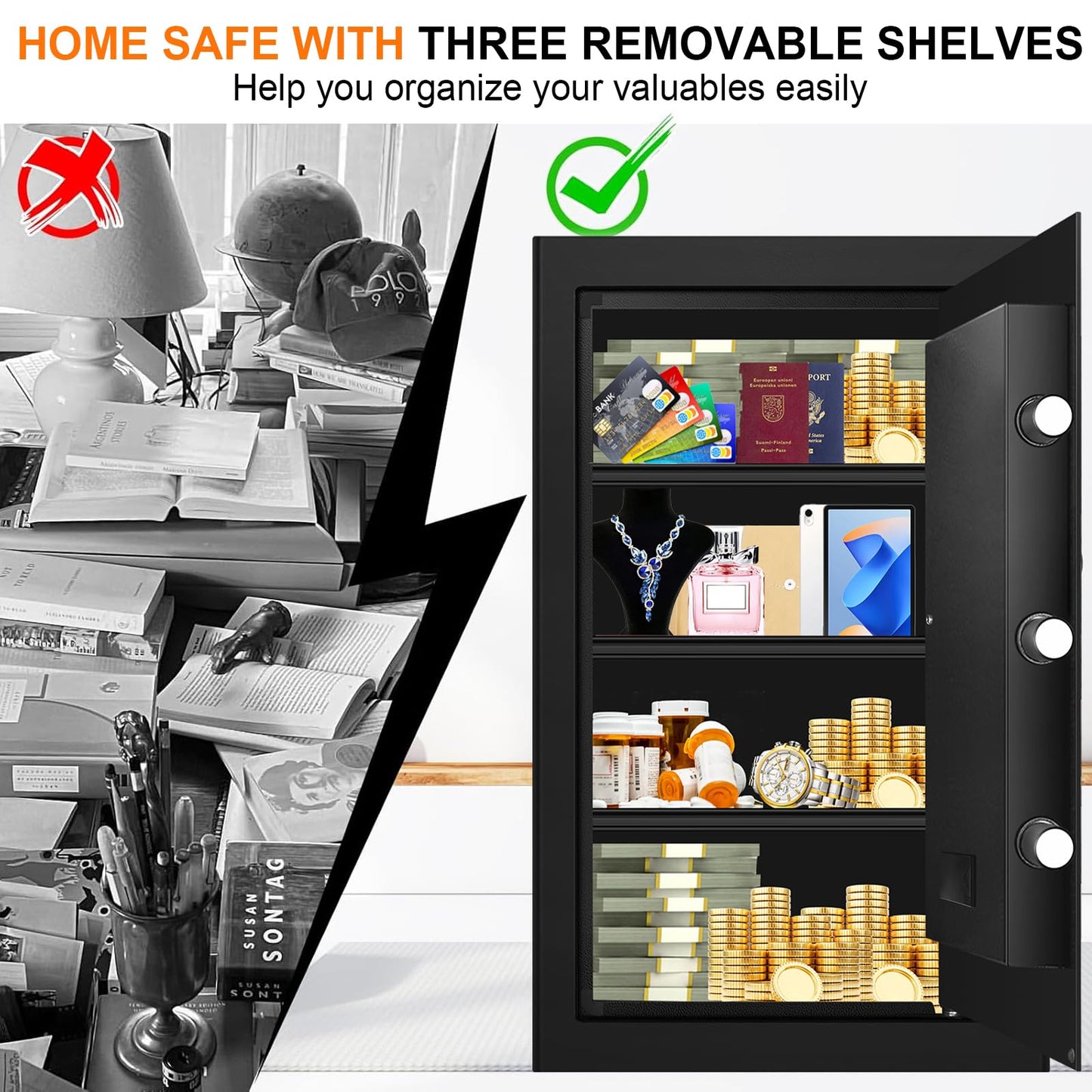 5.2 Cuft Large Fireproof Safe for Home Documents, Safety Box with Spare Keys, Alarm System & Removable Shelves, Home Safe Box Fireproof Waterproof for Money Medicine Jewelry