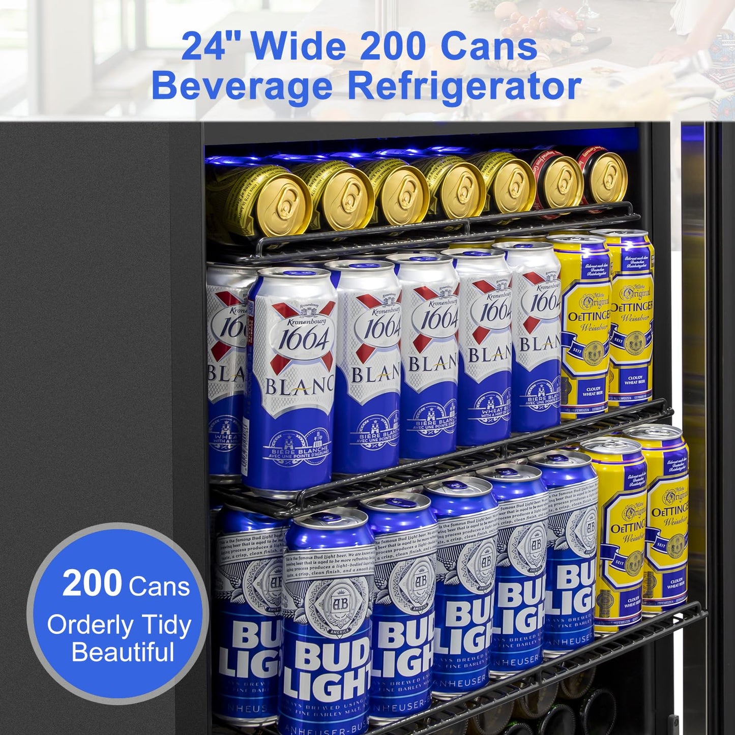 Beverage Refrigerator 24 inch-200 Can Drink Fridge with Glass Door, Under Counter/Freestanding Beverage Cooler with Temperature Memory, Reversible Door, Quick Cooling, Cooler for Beer, Soda, Wine