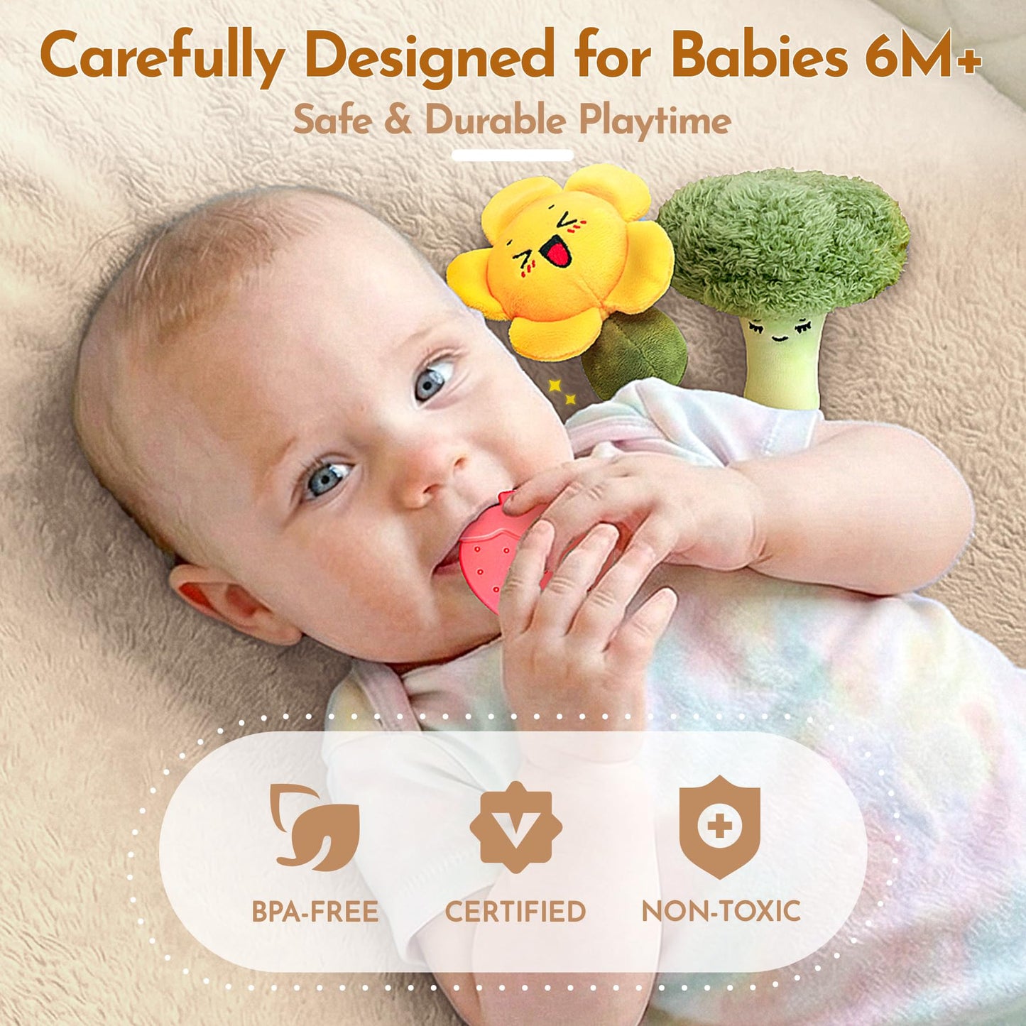 Teekdeer Baby Toys 6-12 Months, Farm Vegetable Garden Plush Toy with Animal Finger Puppets, 6 Month Old Montessori Sensory Toys with Rattles, Mirror, Squeaker, Textures, Teether, Easter Boy Girl Gifts