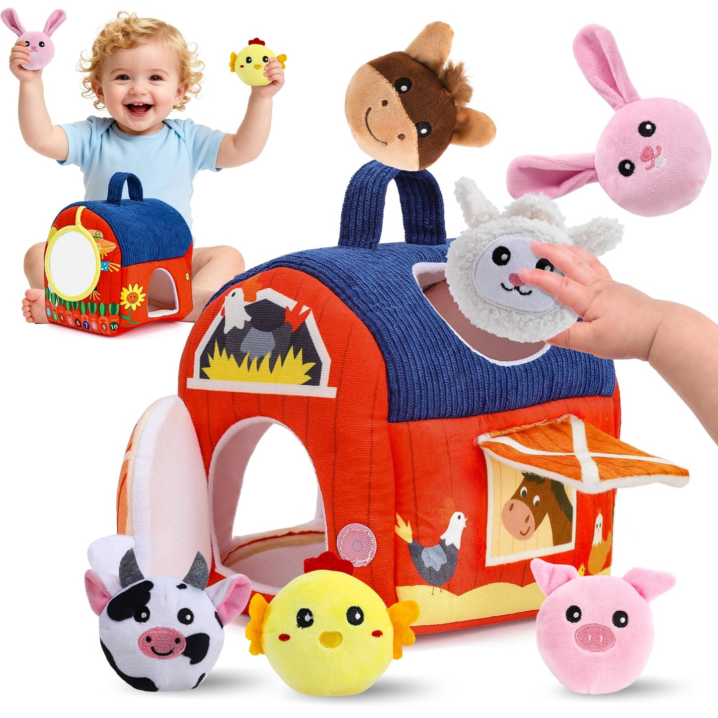 ZXHWTG Baby Toys 6-12 Months, Soft Barn Montessori Sensory Infant Toy for 6 7 8 9 10 Month Old, 1st Birthday Baby Gifts for 1 Year Old Boy Girl, Stuffed Farm Animals, Rattle Squeaky Crinkle Sound