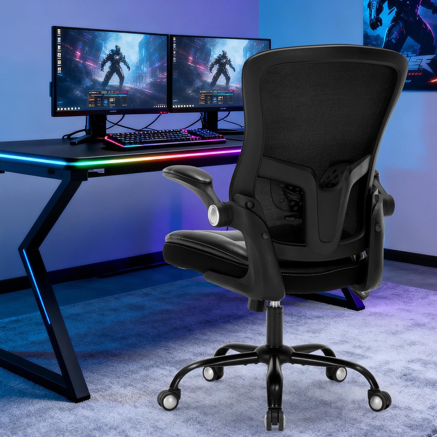 Ergonomic Office Chair, PU Leather Ergonomic Desk Chair with Mesh Back Adjustable Lumbar Support Home Gmaing Desk Chair with Wheels and Flip-Up Armrests, 360°Swivel, Tilt Lock and Wide Cushion-400LBS
