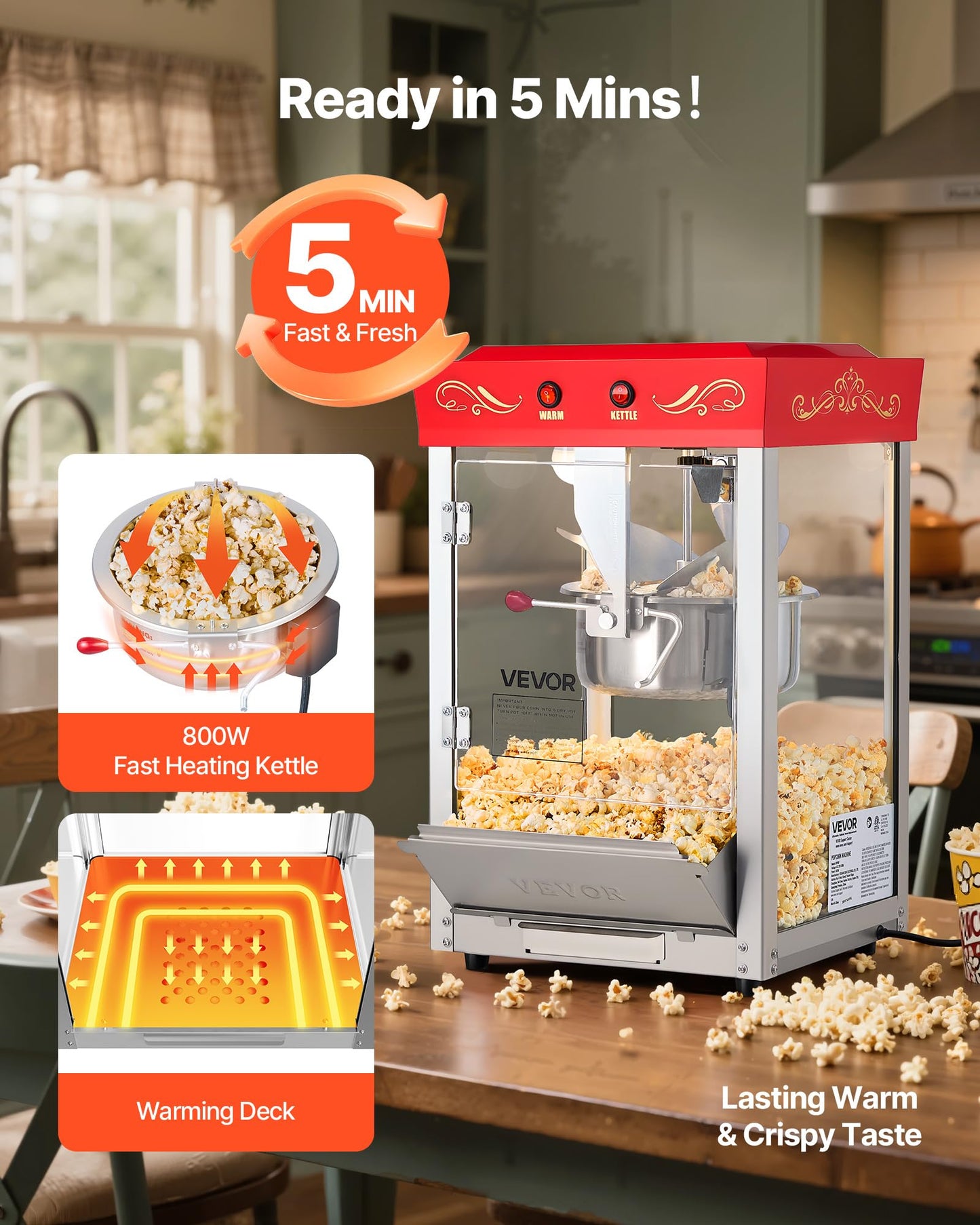 VEVOR Popcorn Machine, 8oz Stainless Steel Kettle, 800W Commercial Countertop Popcorn Maker, 48 Cups per Batch Theater Style Popper, with 2-Button Control Glass Wall PC Door 1 Scoop 3 Spoons, Red