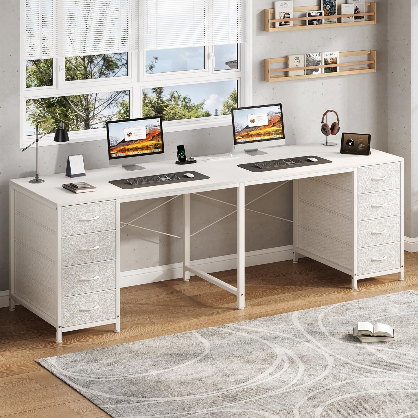 TVU 2 Person Desk with 8 Drawers, Large Home Office Computer Desk with Power Outlets, 78 Inch Long Double Desks for Two People, White