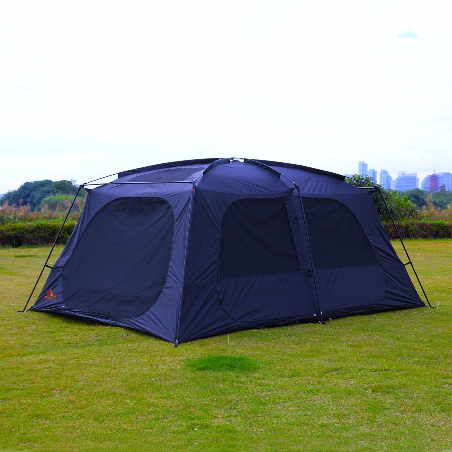 KTT Extra Large Tent 12 Person,Awning Family Cabin Tents,2 Rooms,4 Doors and 4 Windows with Mesh,Straight Wall,Waterproof,Double Layer,Big Tent for Outdoor,Picnic,Camping,Family Gathering(Black)