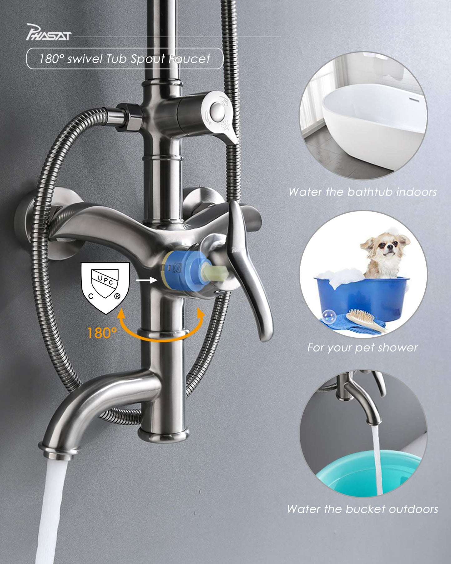 PHASAT Shower Fixtures,SUS 304 Stainless Steel Wall mounted Exposed Shower System,3 Function Outdoor Shower,Brushed Nickel,CT8121