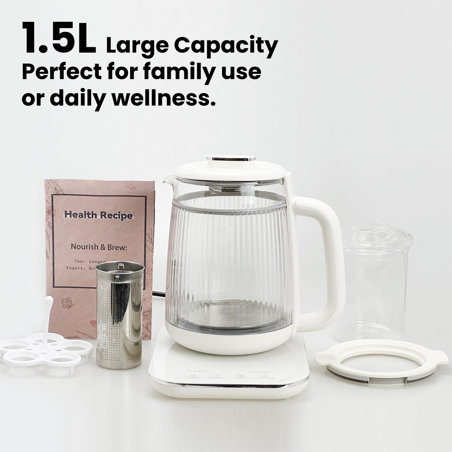 Double-Layer Electric Kettle1.5L with Stew Pot,Glass Health Pot, 9-in-1 Glass Tea Maker, Programmable Touch Panel, Stainless Steel Base for Soup, Porridge, Herbal Tea