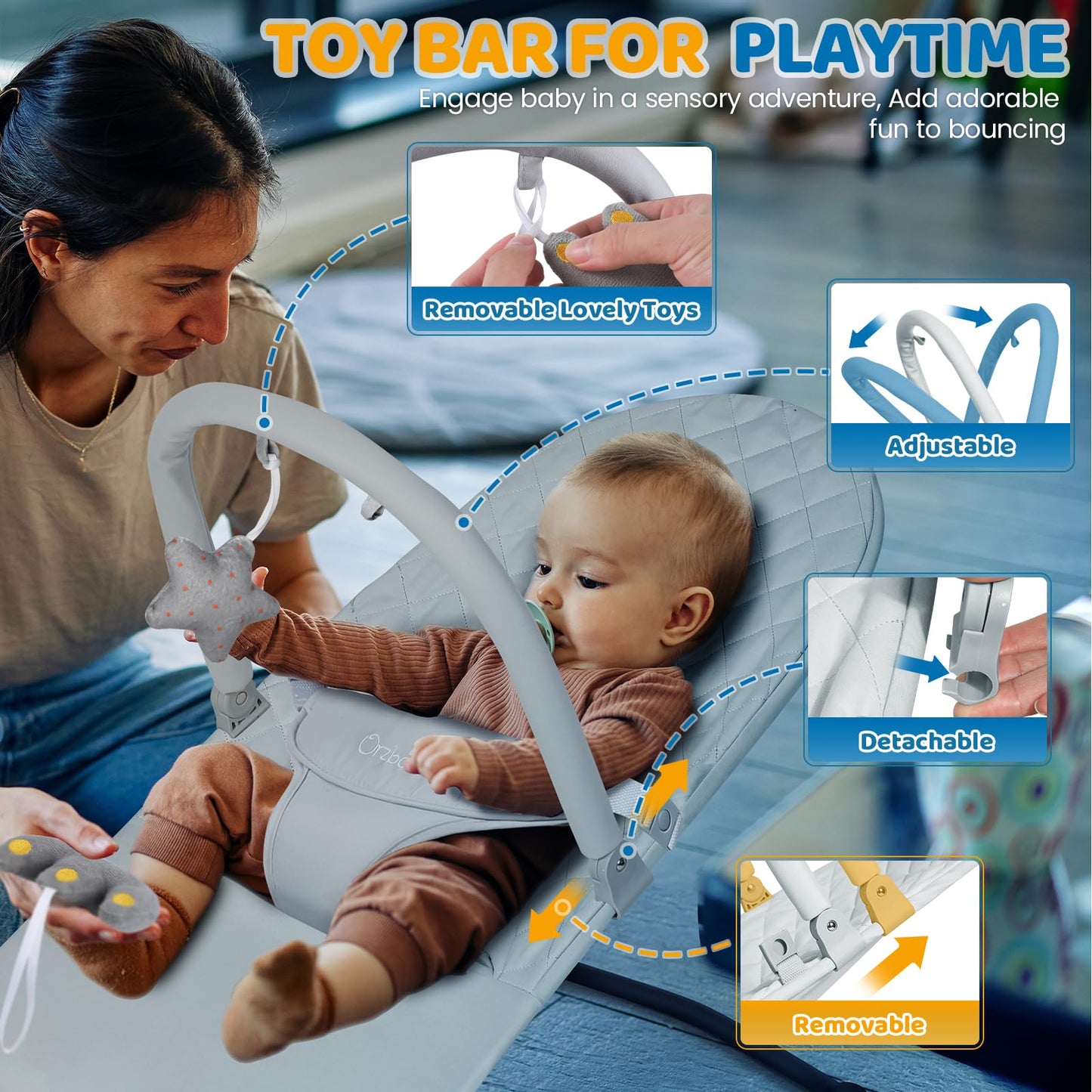 Orzbow Portable Baby Bouncer, Foldable Baby Bouncer Seat with Removable Play Bar, 3 Recline Positions, Infant, 0-12 Months Up to 20 lbs, Ergonomic Design, Easy to Assembly, Grey