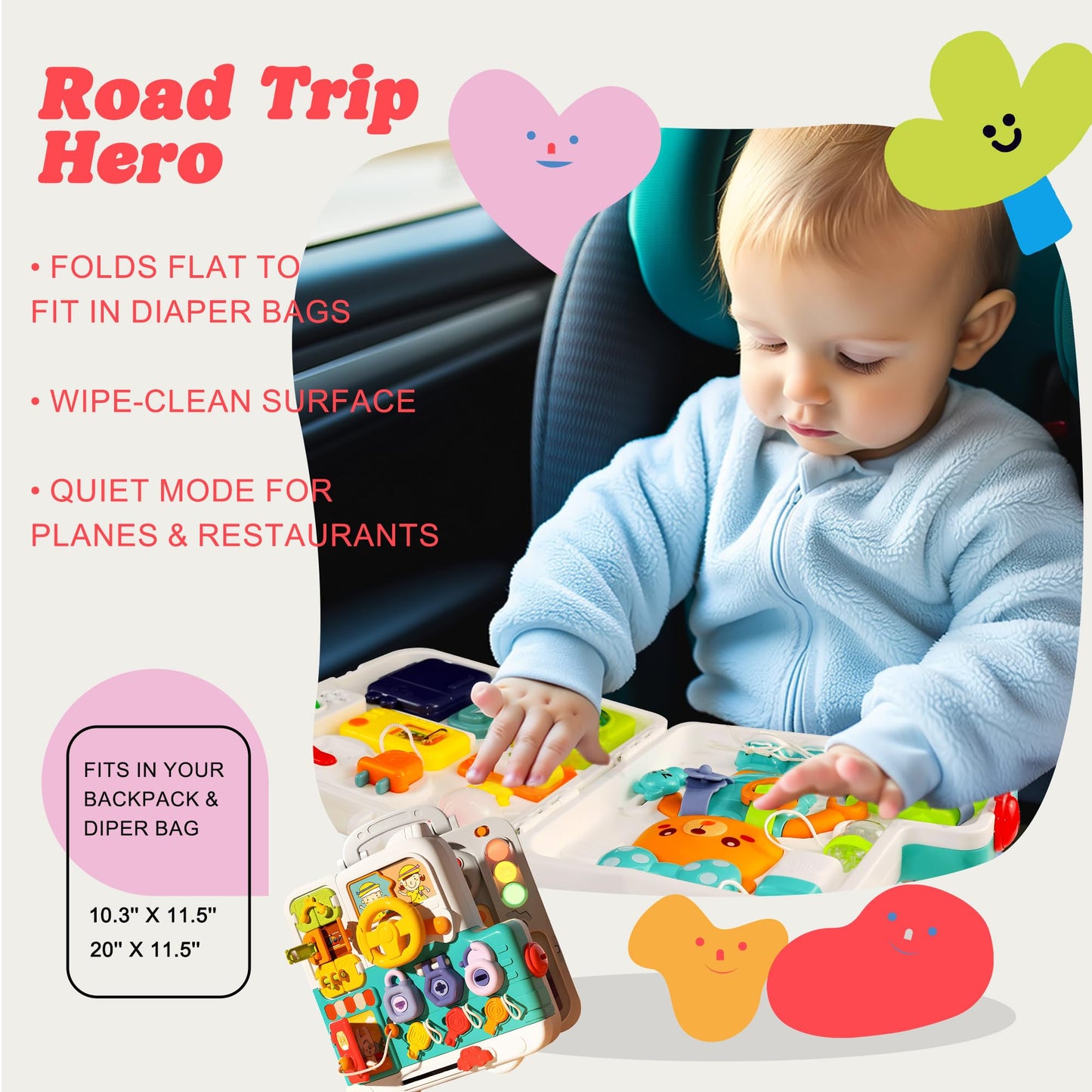 ROHSCE Baby Soft Blocks 34 PCS + Montessori Busy Board, Blocks 6-12 Months, STEM Stacking Toys, Sensory Activity Board Toddlers 1-3, Lights & Music, Travel Toy Airplane/Car, Gifts for Boys Girls