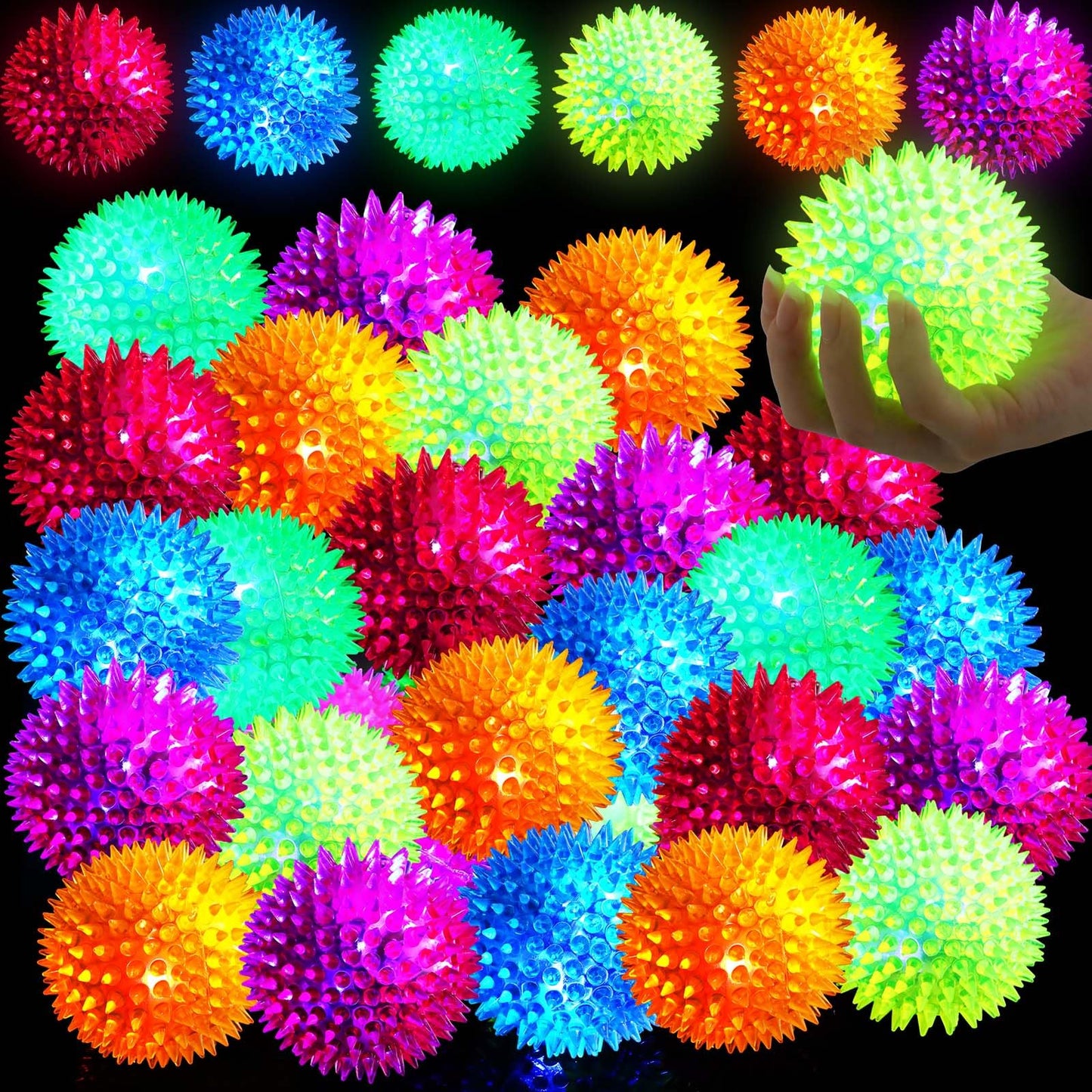 Liliful 16 Pcs 16/30/60 Pcs Large Light up Bouncy Balls 3.4 Inch LED Rubber Ball Spiky Flashing Lights Holiday Blinking Sensory Bouncy Flash Stress Ball for Adults, Pets, Party Favors, Christmas