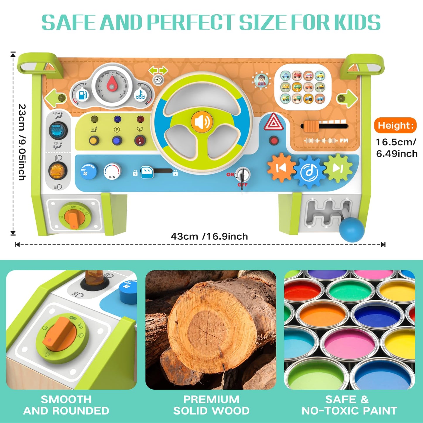 Yuyctwg Montessori Car Busy Board for Toddlers, Wooden Sensory Steering Wheel Activity Baby Toy with Lights, Buttons, Gears & Key Start, Kids Interactive Educational Toys for Boys Girls