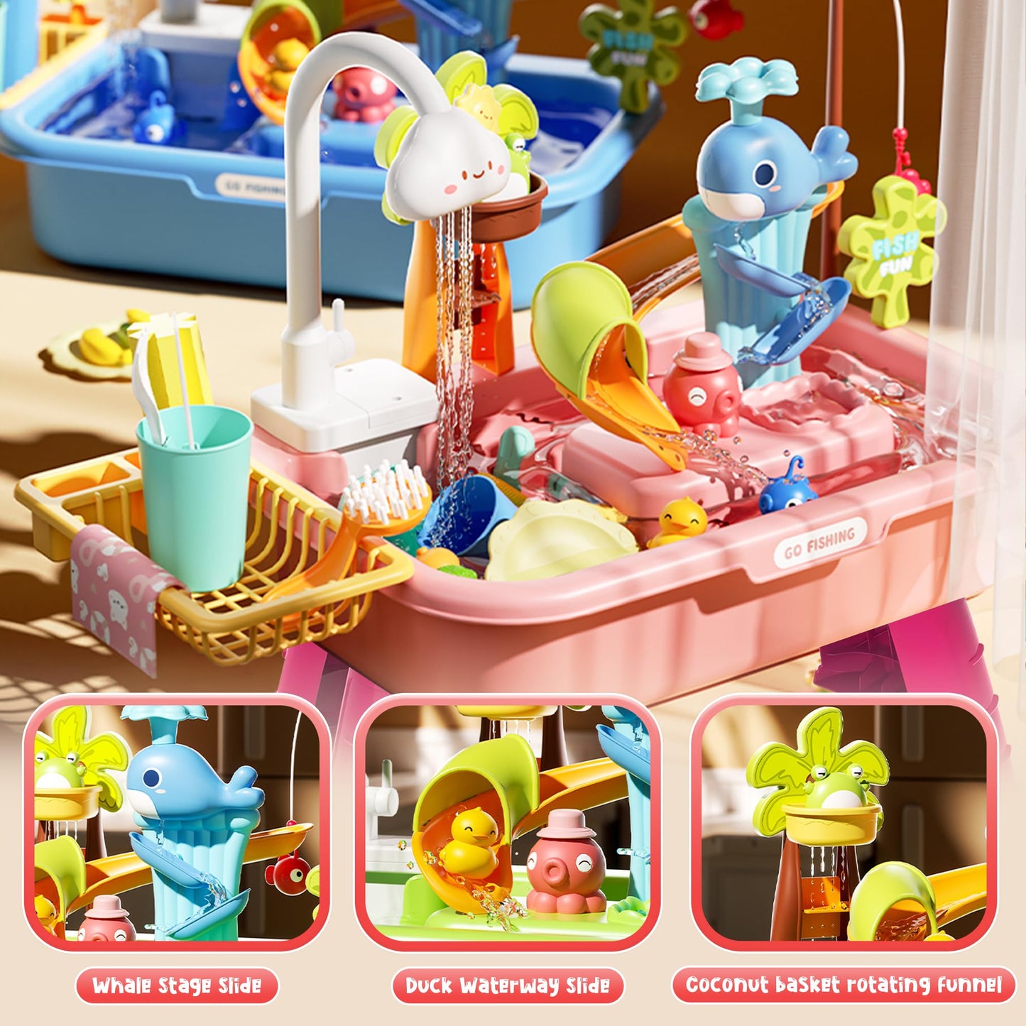 Dtadvlo Upgraded Toddler Sand Water Table Toy with Electric Water Pump, Kids Sand Water with Faucet/Play Food Accessories/Fishing Toy, Kitchen Play Sink Toys for Girl Boy Age 3+ (Pink)