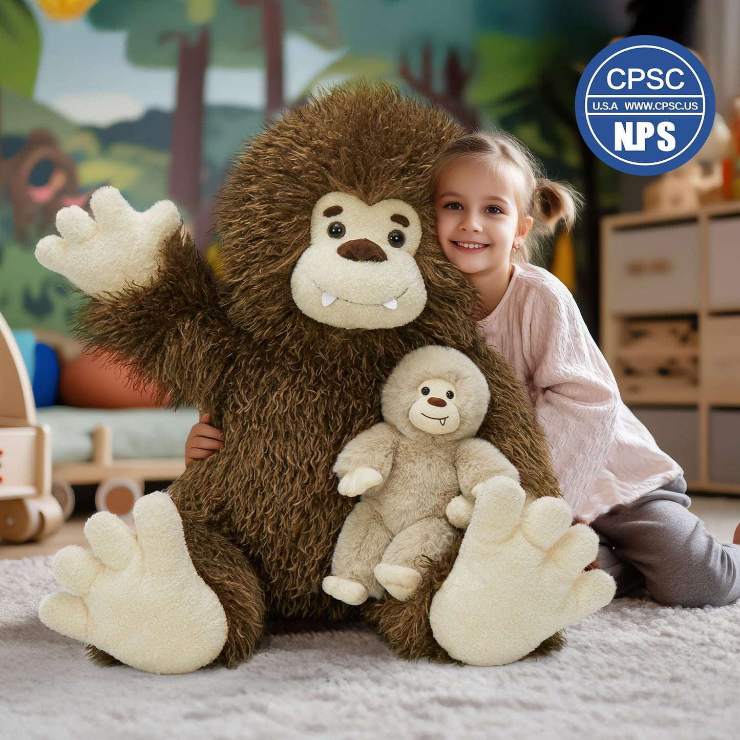 MorisMos Giant Bigfoot Stuffed Animal with Baby Cryptid Plush Duo,39" Big Mama Monster & 12" Baby Bigfoot Toy for Kid,Girl,Boy,Soft Big Foot Sasquatch Gifts for Haloween Birthday Baby Shower Christmas