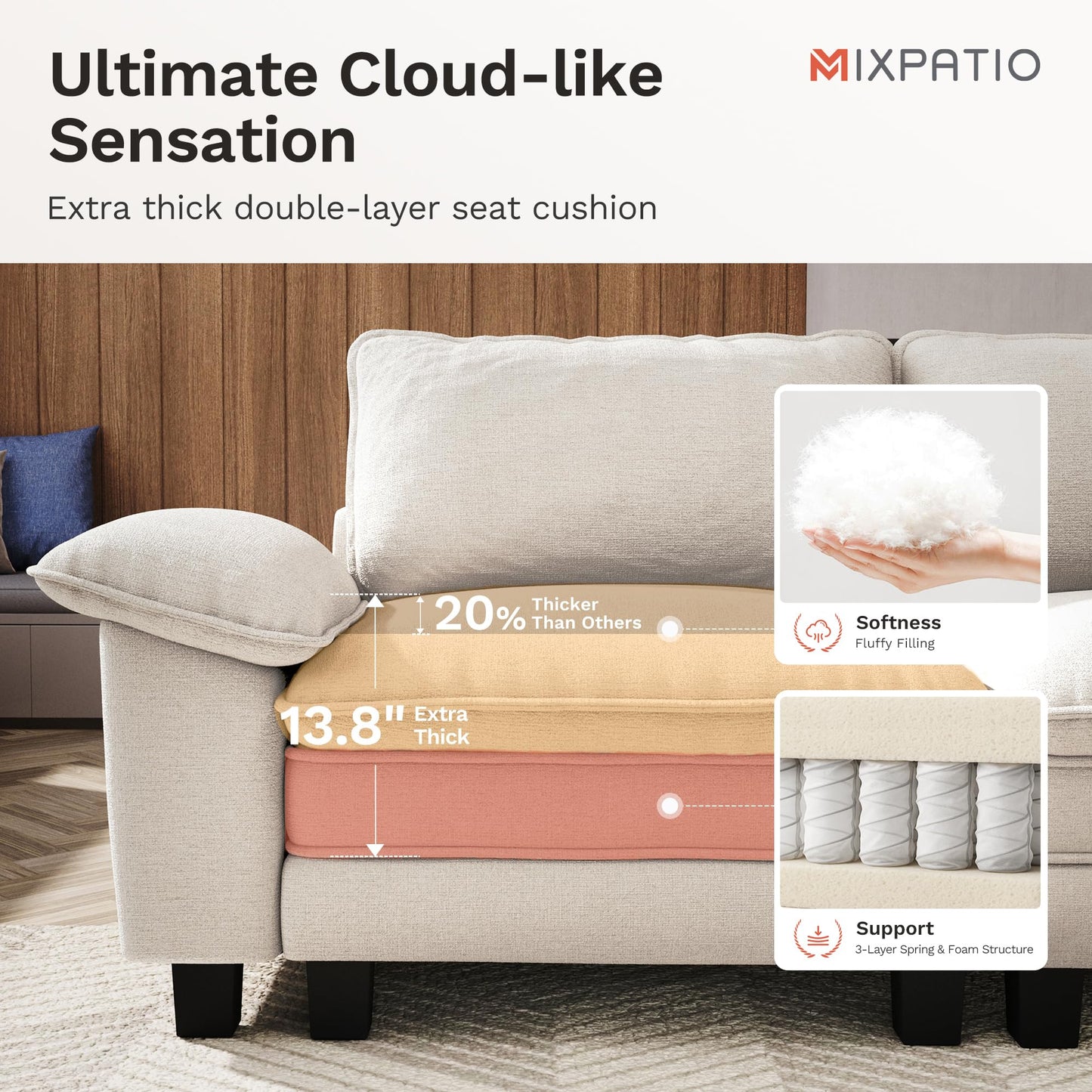 MIXPATIO U-Shaped Cloud Modular Sofa Set, Deep Seat 3-Piece 6-Seater Sectional Couch & Removable Arms, Plush Chenille for Living Room - Beige