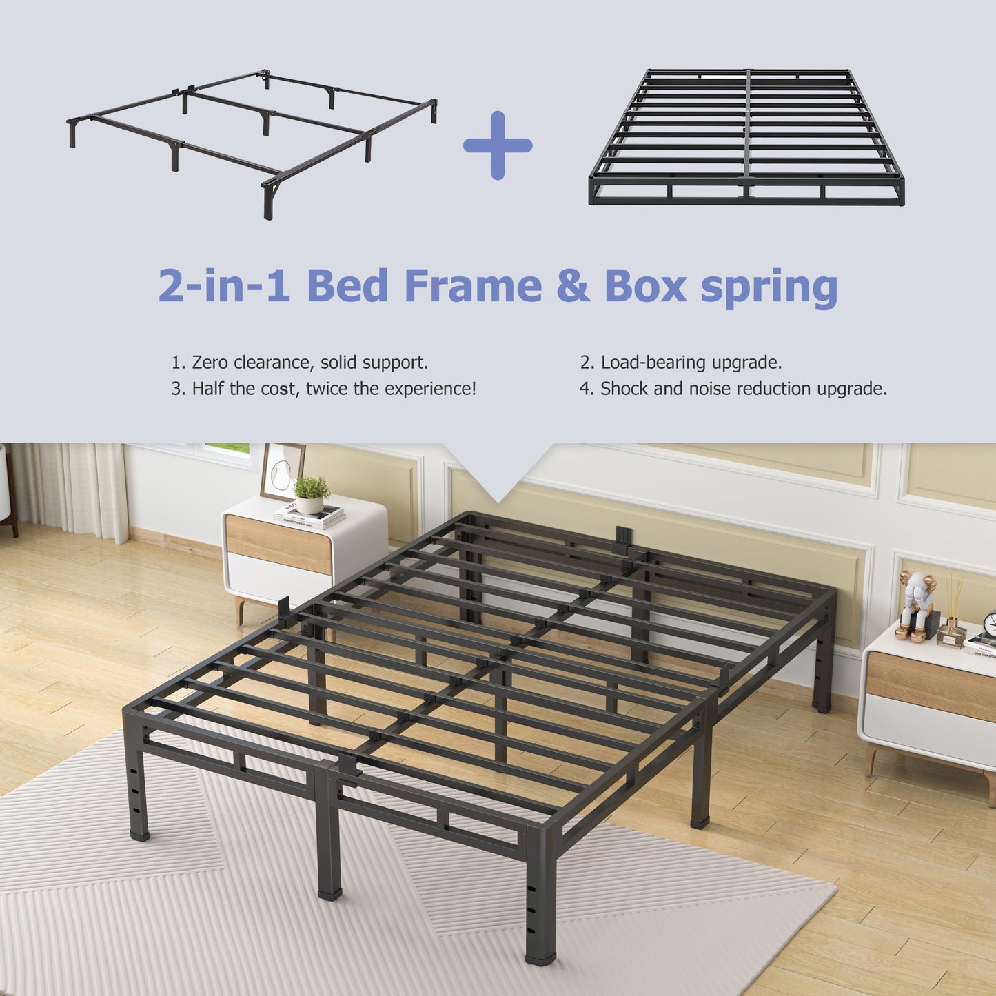 NKZ 18 Inch Queen Size Bed Frame, Metal Bed Frame & Box Spring 2 in 1 Platform with Round Corner Legs, 4000Lbs Heavy Duty Metal Frame, Mattress Slide Stopper, Headboard Hole, Noise-Free, Easy Assembly