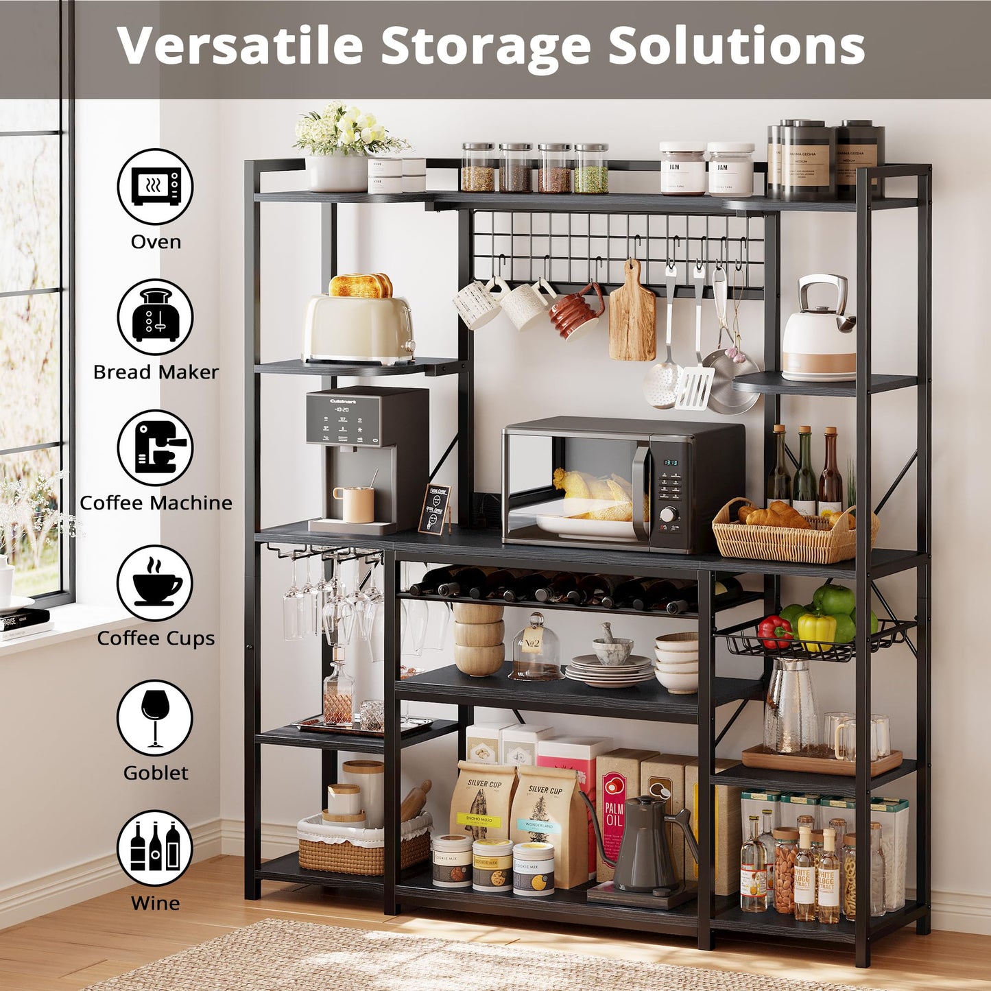 IRONCK Large Bakers Rack with Power Outlet, 62 Inch Wide Microwave Stand, Coffee Bar with Storage, Kitchen Racks and Shelves, Vintage Black