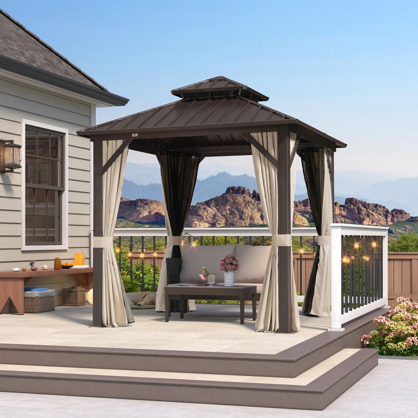 PURPLE LEAF 8’ X 8’ Outdoor Hardtop Gazebo Metal Frame Galvanized Steel Double Roof with Curtains and Nettings for Patio Desk Backyard Bronze