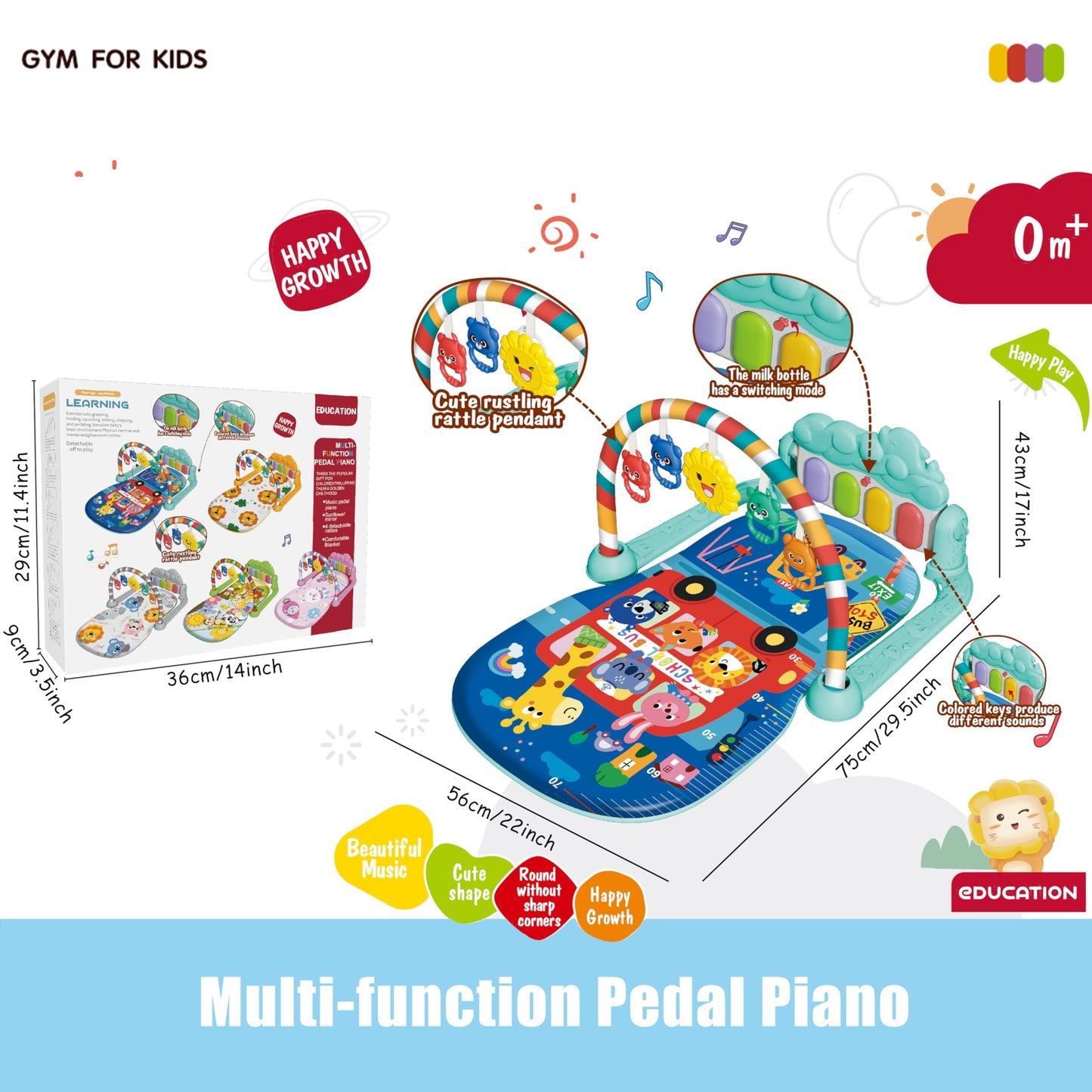 Baby Gyms Play Mats, Play Piano Gym Mat, Activity Mat for Tummy Time with 5 Infant Learning Sensory, Music and Lights for Newborns and Toddlers (Dark Blue)