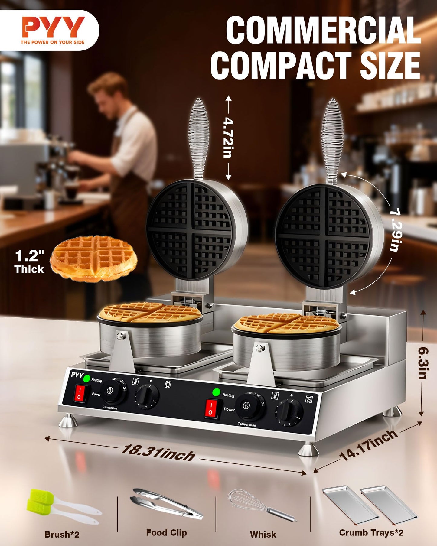 PYY Commercial Waffle Maker - Double Waffle Maker 2500W Large Stainless Steel，Silver Non-stick Electric Chaffle Maker for Restaurants, Waffle Houses, and Carnival Events