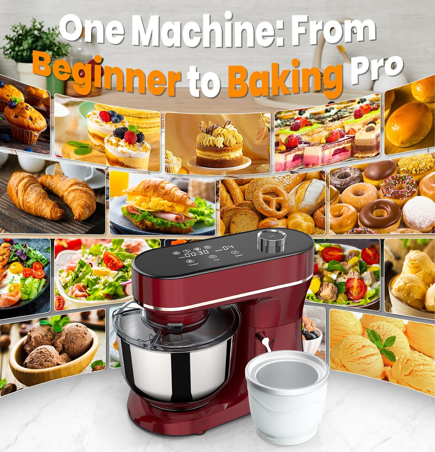 Bonnor Stand Mixer Set, 6QT Kitchen Mixer with LED Touchscreen, 11-Speed Tilt-Head Mixer with Timer, 4 Preset Menus, Stainless Steel Bowl, Hook, Whisk, Beater,Plus 2QT Ice Cream Maker Attachment,Red