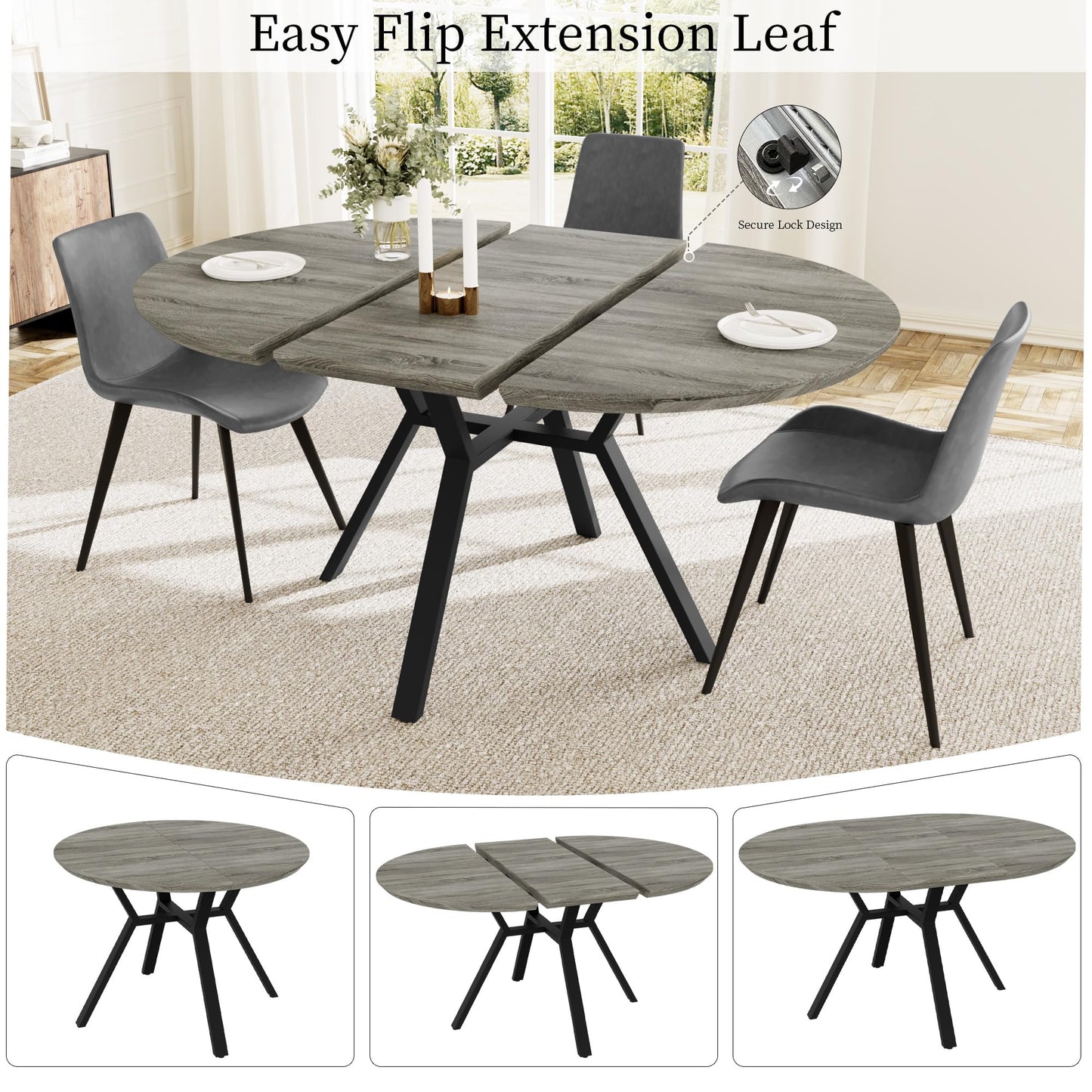 HIPIHOM Extendable Round Dining Table Set for 6 People, 43.3"-59.1" Extendable Kitchen Table with 6 Upholstered Chairs, Space Saving for Kitchen Dining Room (Grey Table+6 Grey Chairs)