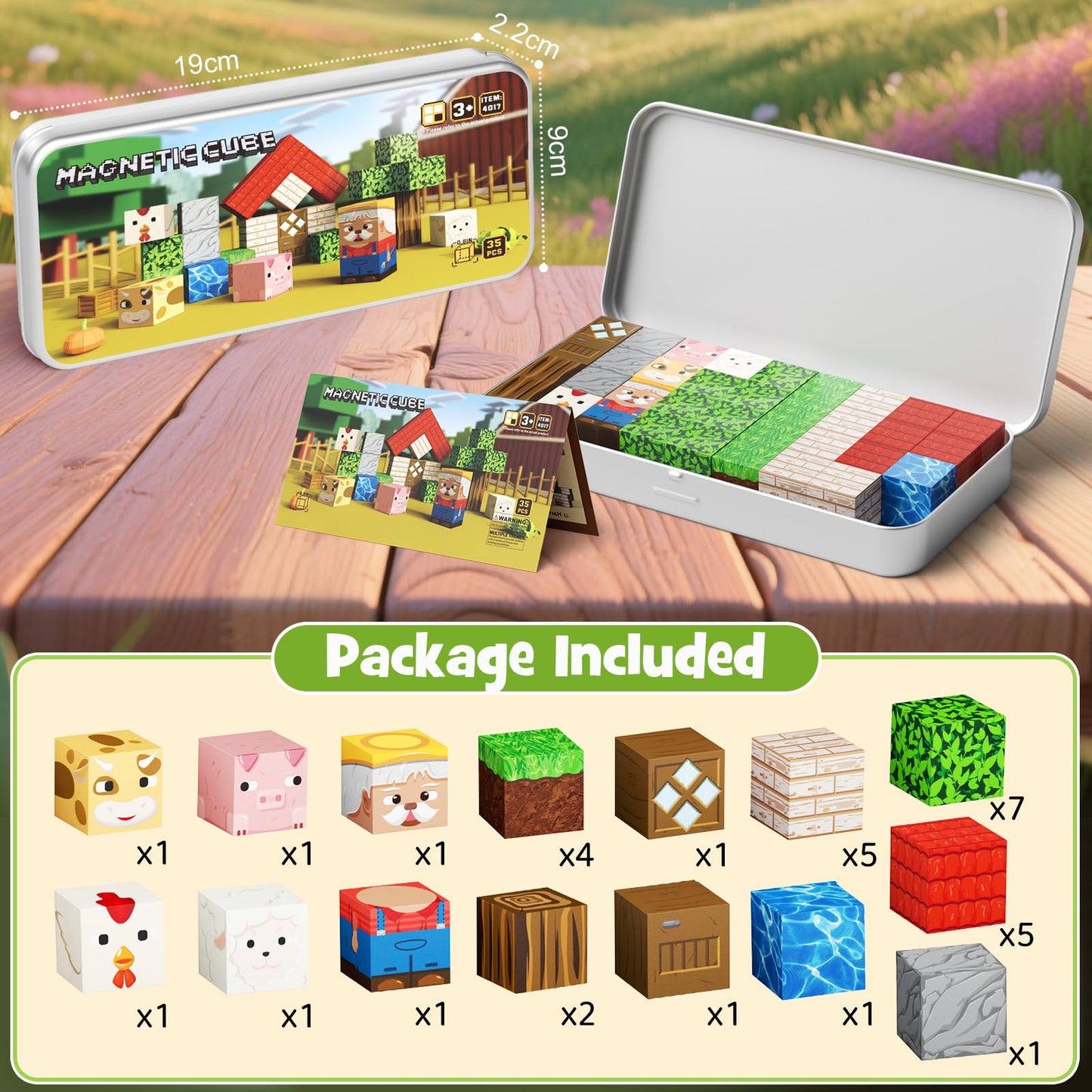 hunloot Mini Magnetic Blocks Farm Animals Travel Toys, 35PCS Portable STEM Magnetic Building Cubes with Metal Storage Box for Kids Ages 4-8, Road Trip & Airplane Essentials