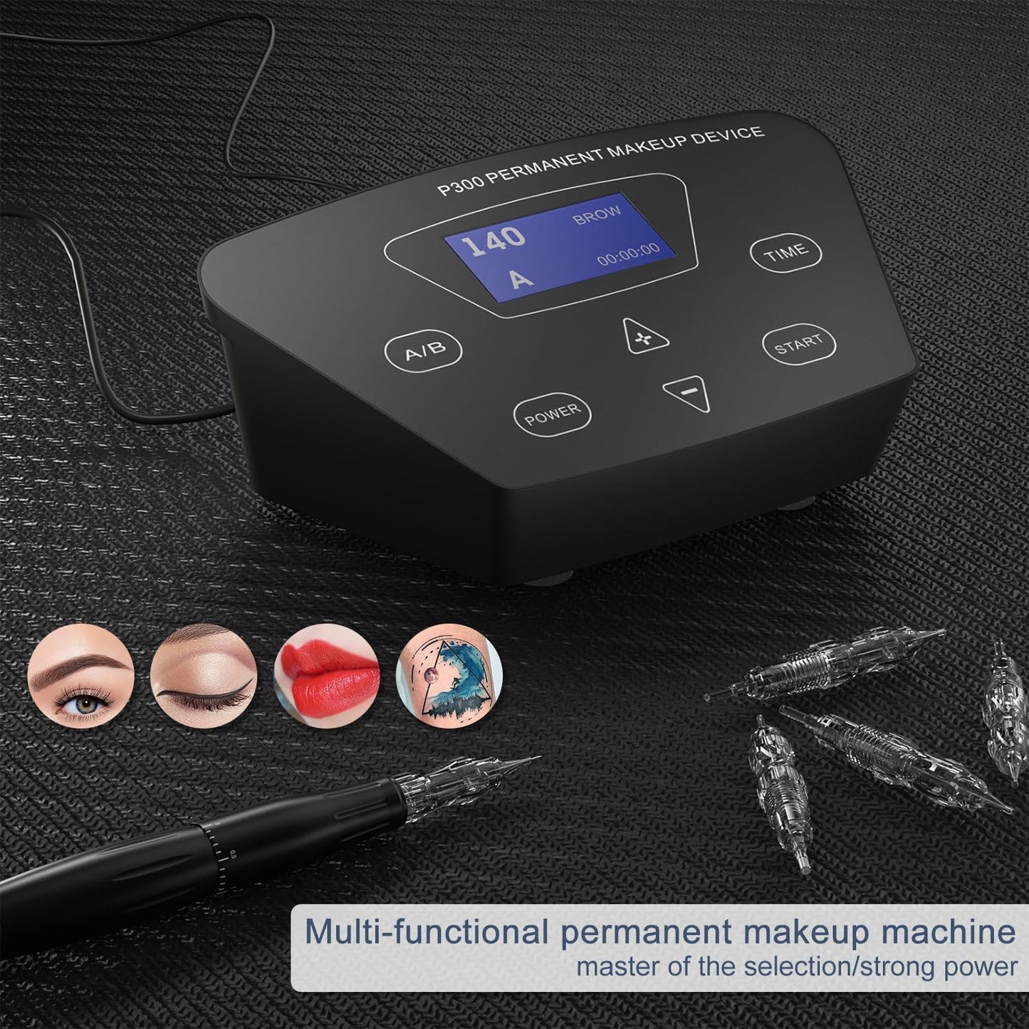 Permanent Makeup Machine - BIOAMSER P300 Permanent Makeup Tattoo Machines Device Kit Include Digital Permanent Makeup Power Supply Permanent Makeup Tattoo Pen and 2 Clip Cord with 10pcs Needles