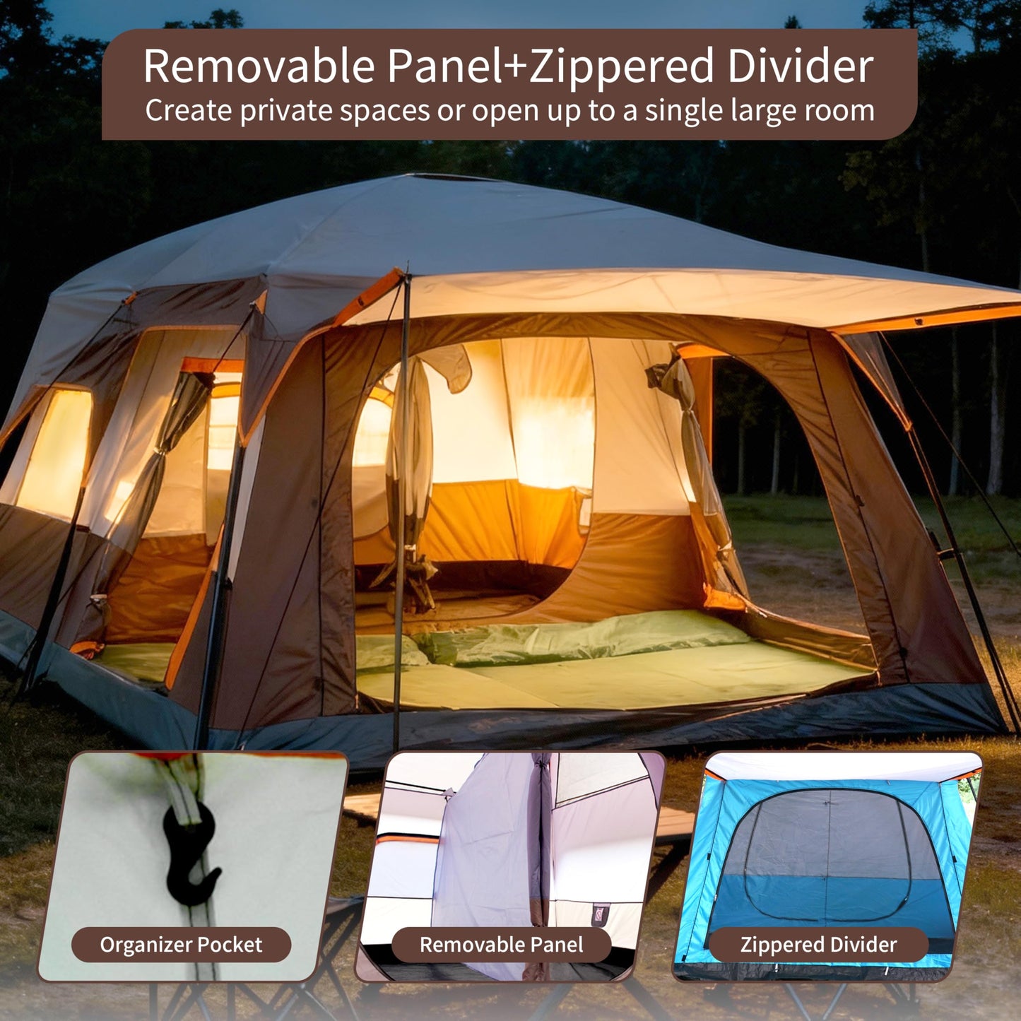 TGpao Large Family Camping Tent, 4-6 Person Multi-Room Waterproof Tent with Screened Porch,Glamping Tent for Camping with Lightning Protection (Coffee,4-6 People)