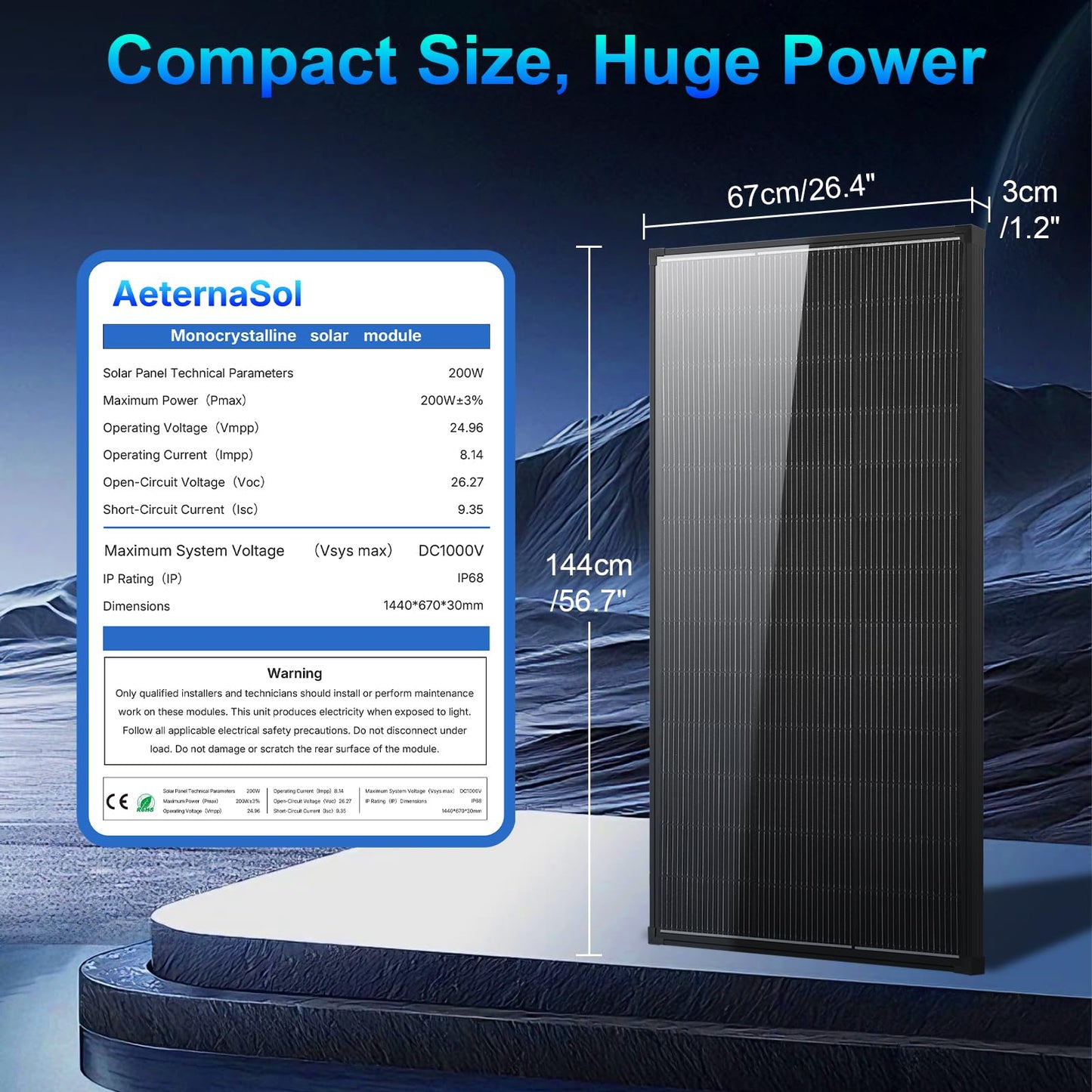 AeternaSol Solar Panels,200 watt Solar Panel 12v n Type 18bb Solar Panel A+ Grade PV Module with IP68 Junction Box,25% Cell Efficiency 200w Solar Panels for Off Grid RV Boat Rooftop Camper(200W Black