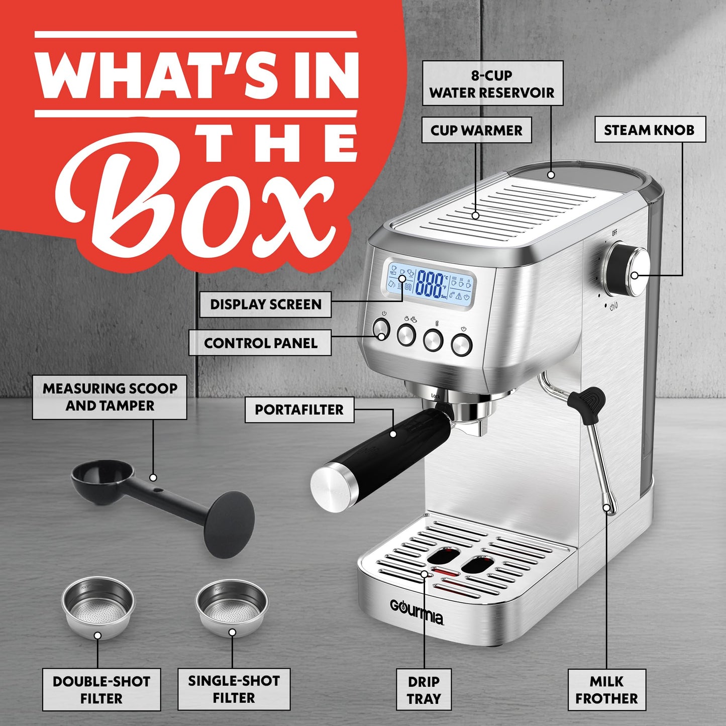 Gourmia Slim Espresso Machine with LCD Screen - Milk Frother, Adjustable Temperature, Manual & Auto Brew, Single/Double Shot, Hot Water Dispenser, Descaling Mode, Compact