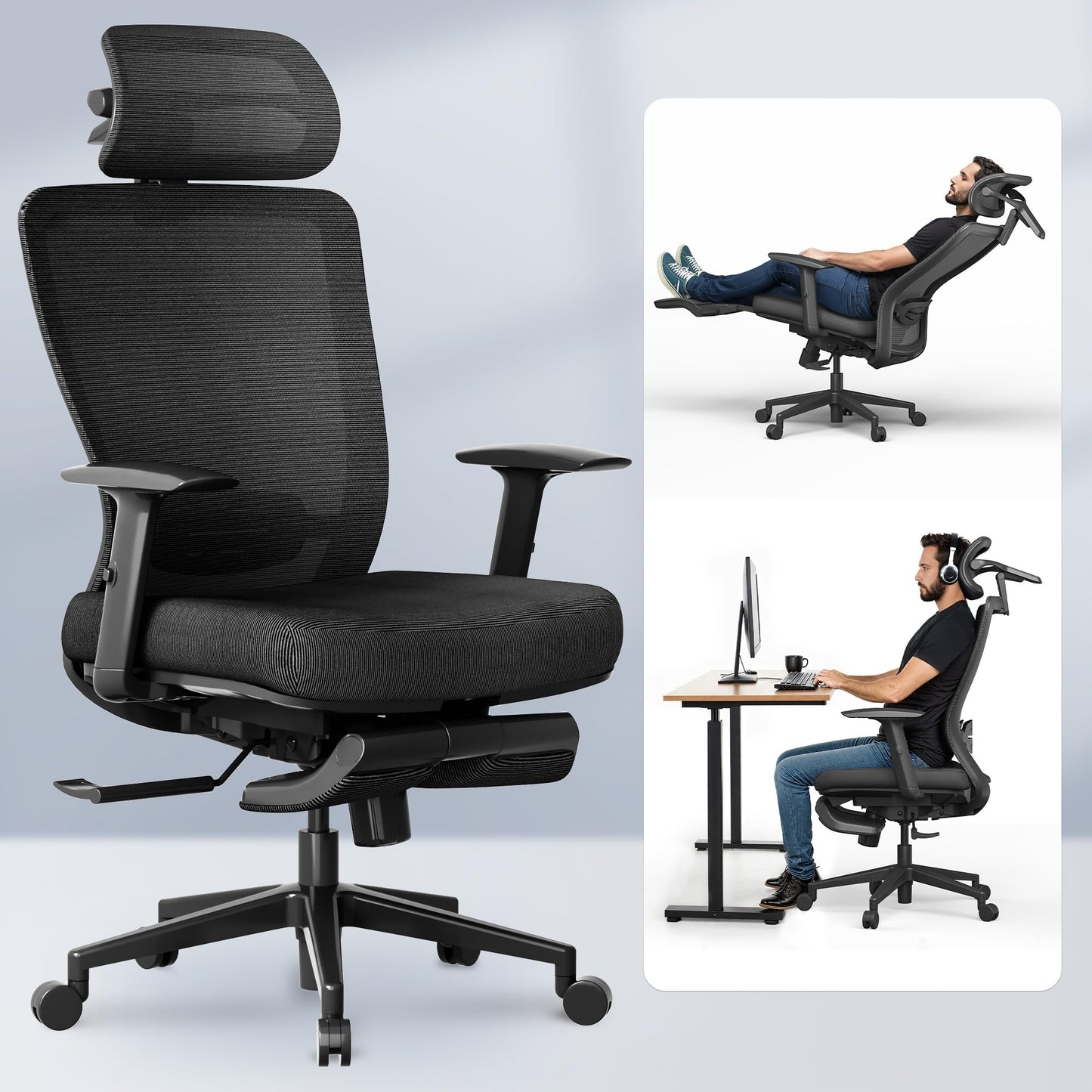 FLEXISPOT OC3 Cloud Ergonomic Office Chair with Footrest, Mesh Back Computer Chair, Home Office Desk Chairs, with Adjustable Lumbar Support/3D Headrest/Reliable Base, Elastic Foam Seat, Black, Cloud-F