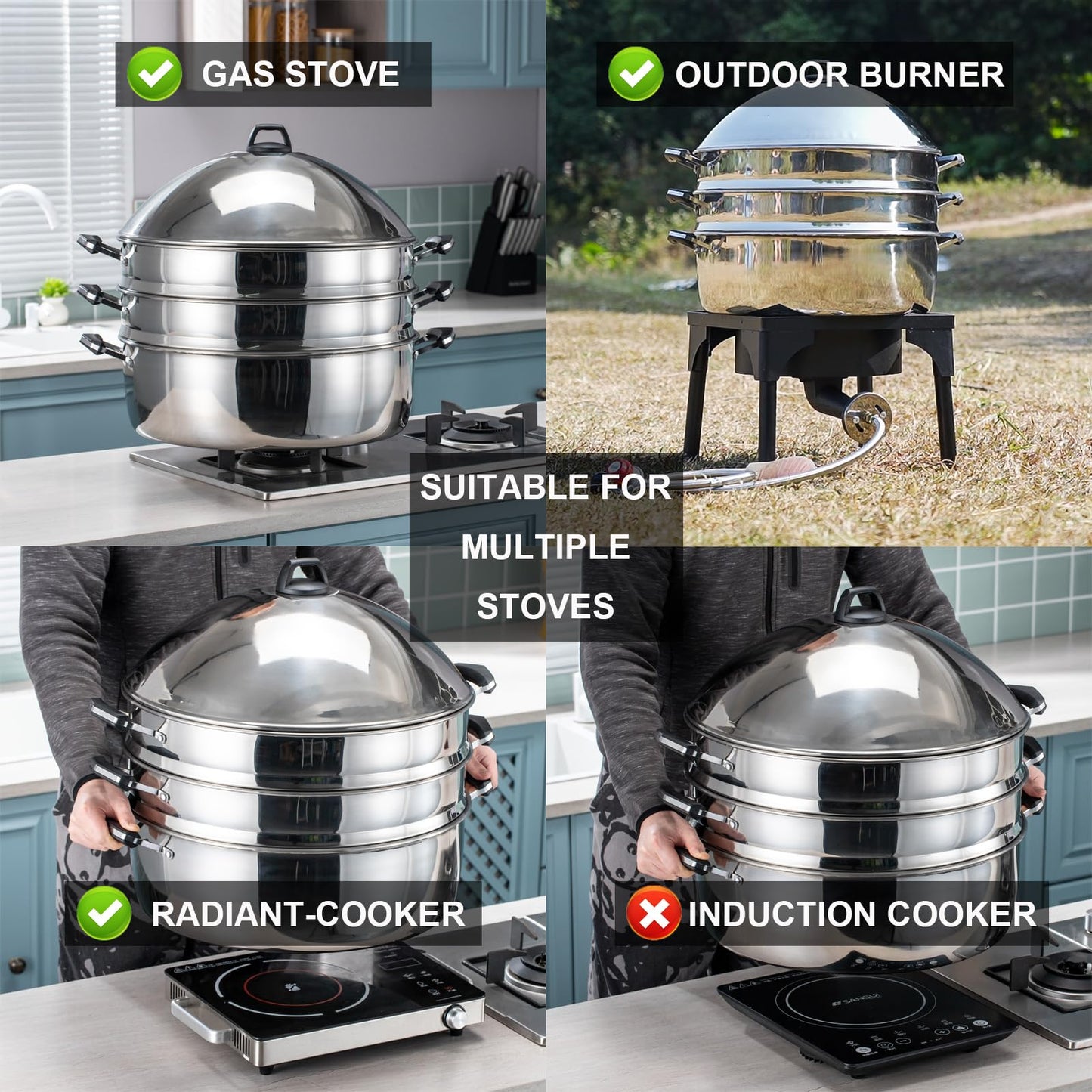 LetFeng Steamer Pot for Cooking 19 inch Steam Pots with Lid 3-Tier Multipurpose Stainless Steel Steaming Pot Cookware with Handle for Vegetable, Dumpling, Stock, Sauce, Food