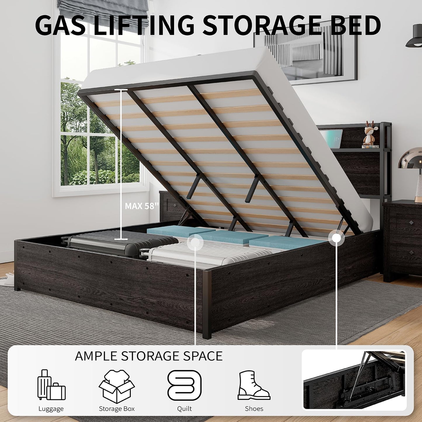 LUXOAK Full Size Lift Up Storage Bed, Wood Platform Bed Frame with Storage Headboard & Charging Station, No Box Spring Needed, Easy Assembly, Black