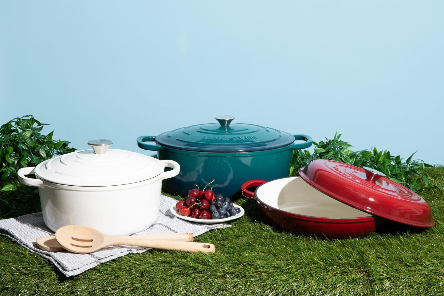 Larder & Vine 6-Piece Enameled Cast Iron Pan Cookware Sets, Includes 8 Quart and 5.7 Quart Dutch Oven with Lids, Braiser/Crock Pot with Lid (White)