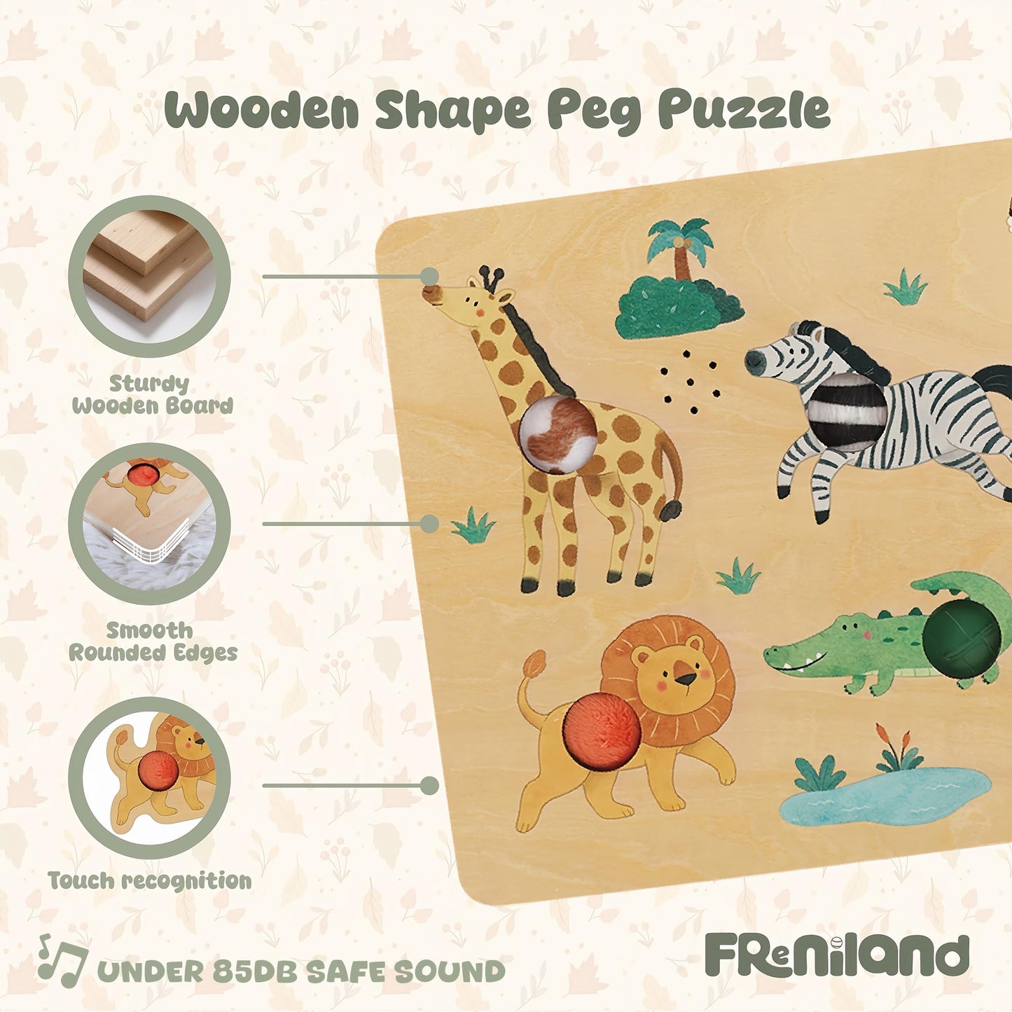 Freniland Press-to-Play Wild Animal Sound Puzzle for Toddlers, Wooden Safari Sound Board with Push Buttons, Montessori Learning Toy for 18M+