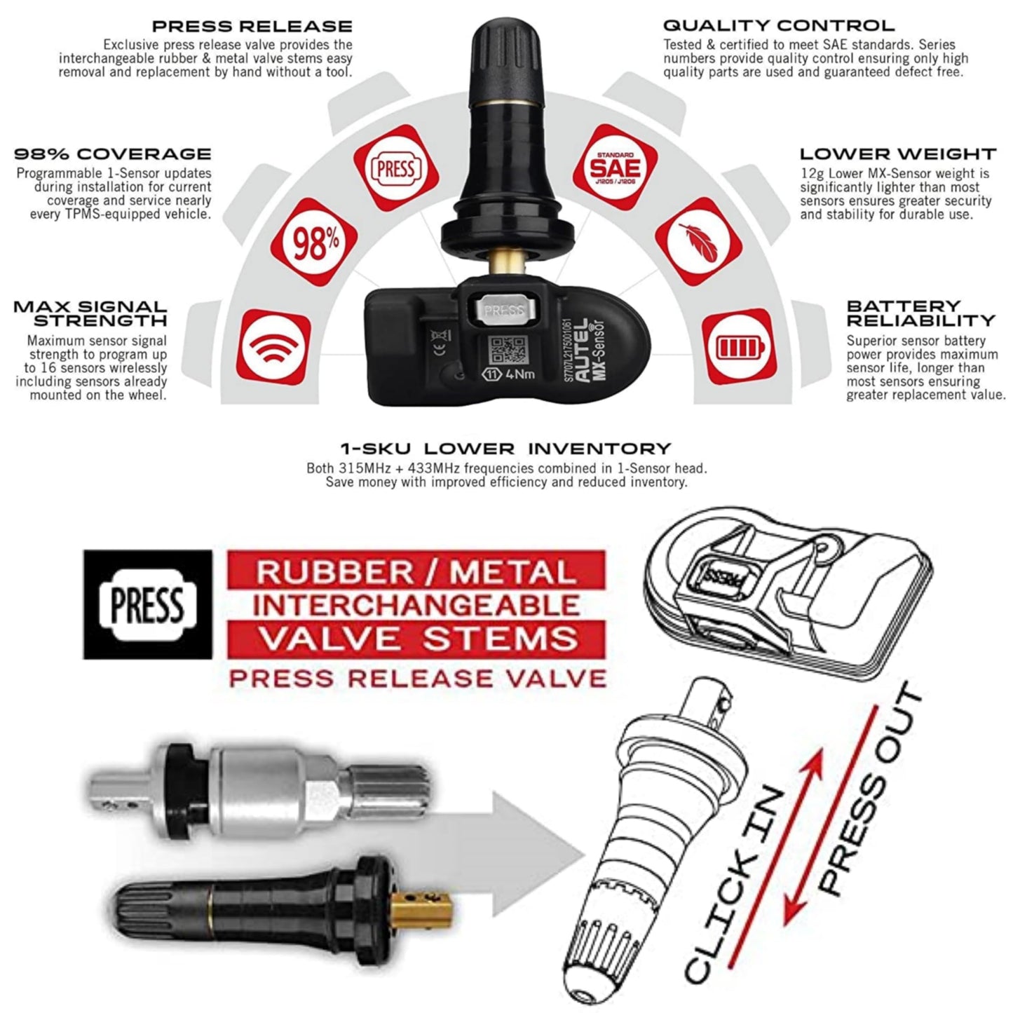 Autel TPMS Sensors Set of 4, Rubber Stem Tire Pressure Sensor, 315MHz & 433MHz MX Sensor, Programmable Tire Sensor Replacement, Work w/ TS408S TS501 TS508WF TS601 TS608 TS900 ITS600 PRO MK808TS