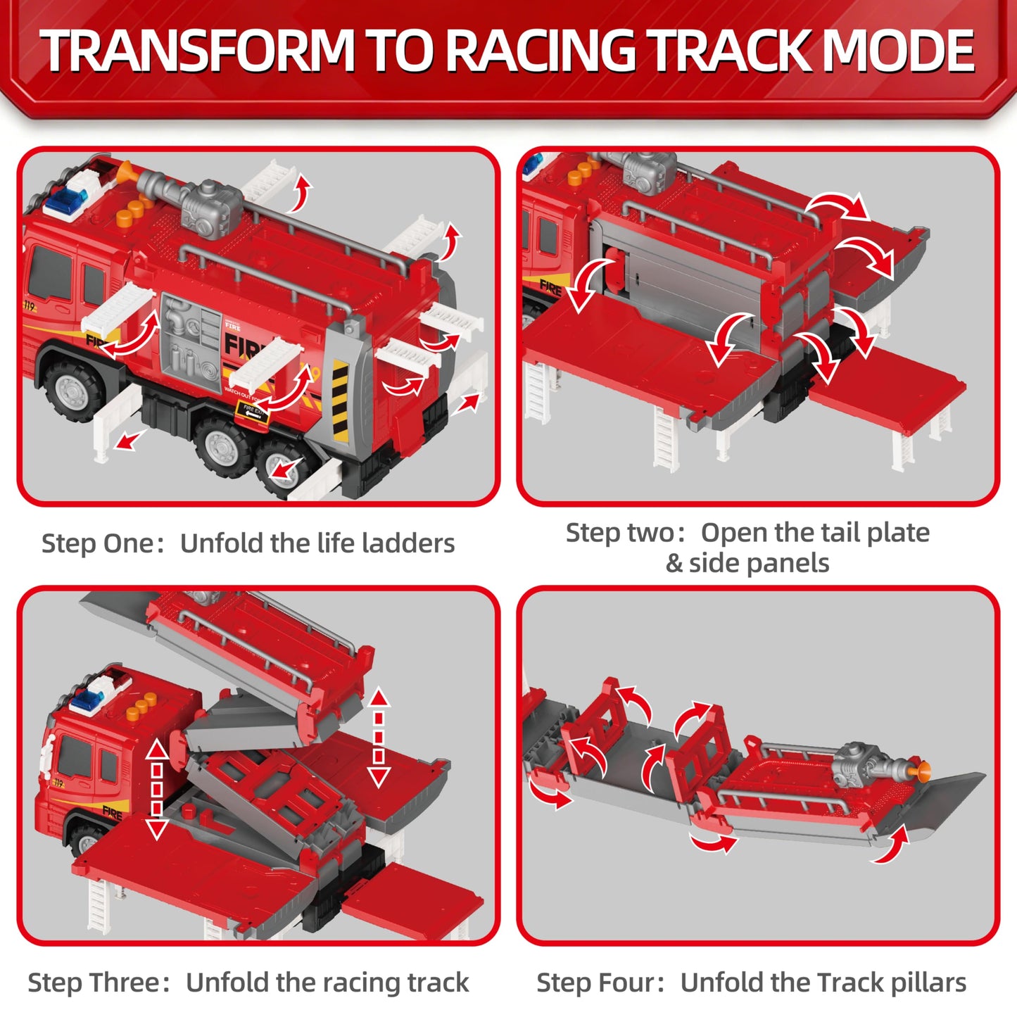 3in1 Fire Truck Toy with Foldable Race Track & 12 Diecast Race Cars Toys, Fire Trucks for Toddlers 3-5 with Lights & Sounds, Carrier Truck Car Kids Toy Gift for Age 3 4 5 6+ Year Old Boys Girls