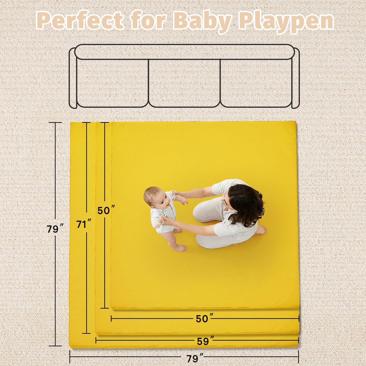 ILPEOD Waterproof Baby Play Mat for Floor Memory Foam 50 * 50 Cushion Playpen Playmat Tummy Time Crawling Mat Nursery Rug Thick Pad Create Soft & Safe Area for Infants,Toddler,Kid,Yellow