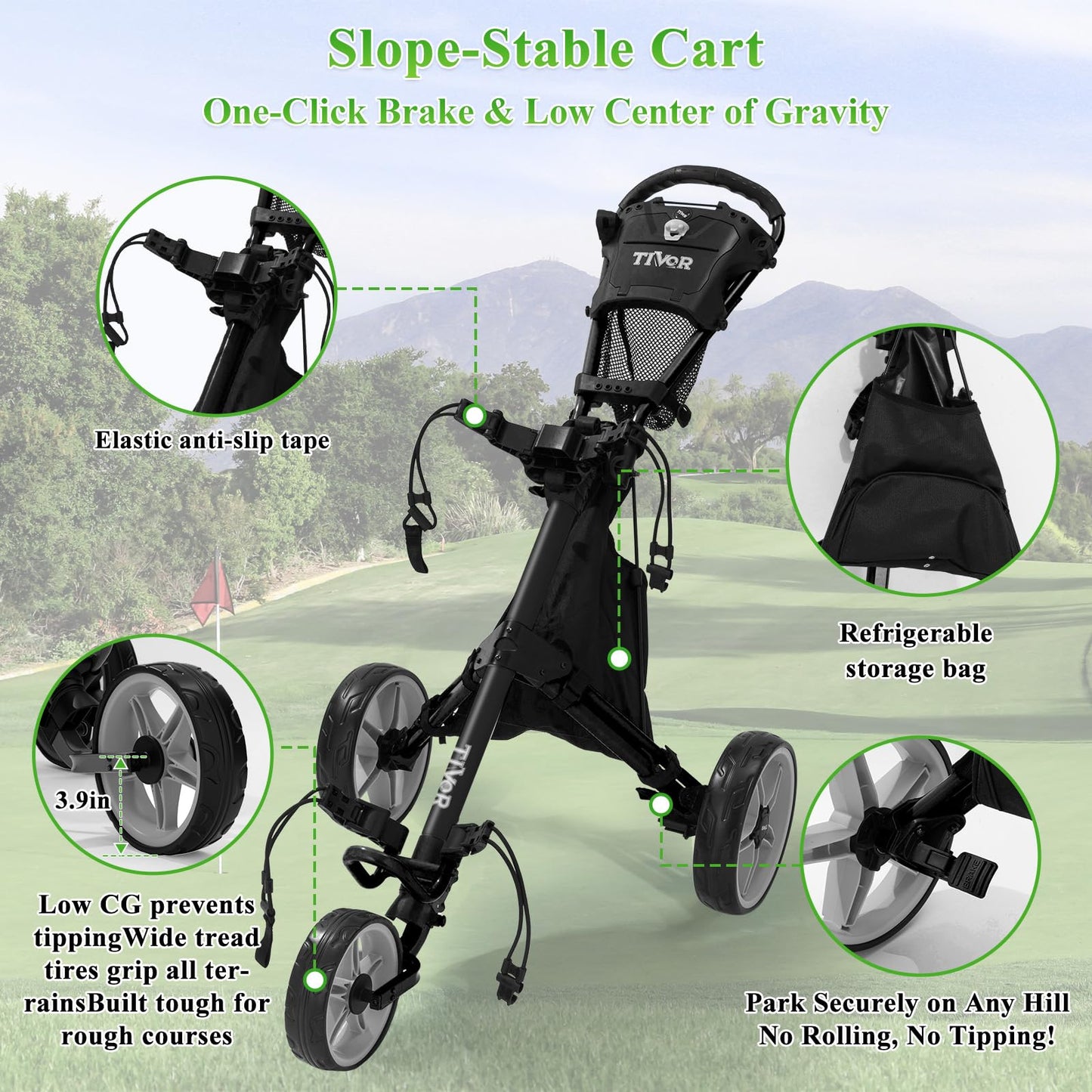 Tivor 3 Wheel Golf Push Cart, Lightweight Push Cart Golf One-Click Folding, Adjustable Height Pushcart for Golf Bags, Compact Design for Ladies, Junior Golfers