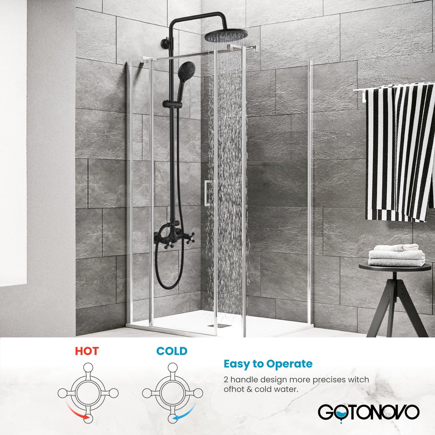 gotonovo Exposed Shower Faucet System 8 Inch Rainfall Shower Head with 8 Function ABS Handheld and Double Cross Handle Wall Mounted Bathroom Luxury Mixer Shower Gourd Faucet Body Matte Black
