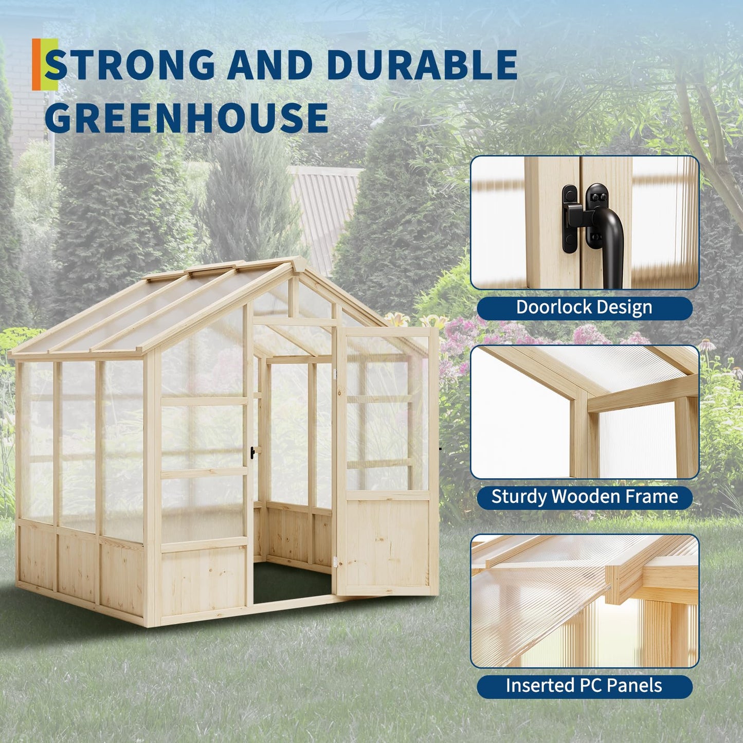 Garvee 8x6 ft Wooden Greenhouse, Greenhouses for Outdoors with Lockable Door, Wood Frame & Adjustable Vent, Heavy Duty Greenhouse with Polycarbonate Panel for Outside, Garden, Yard, Light Brown