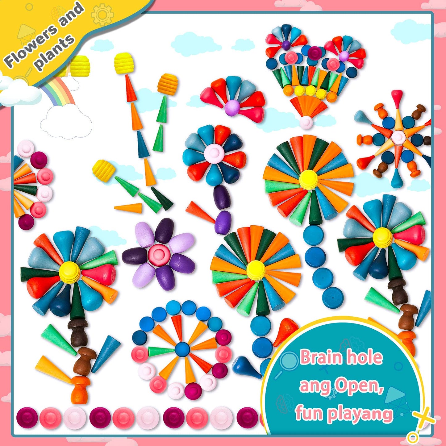 Chivao Loose Parts Play Materials Set Wooden Mandala Toys Kit Wood Sensory Play Toys 27 Rainbow Color 7 Shapes Loose Parts for Teens Students Early Learning Materials (81)