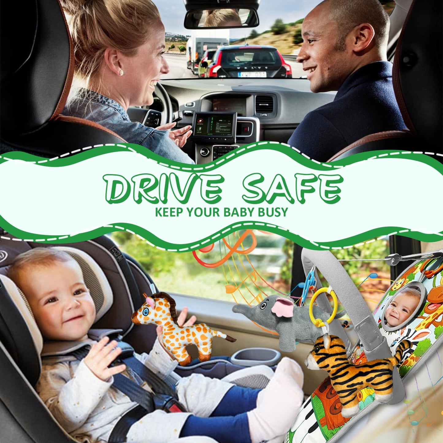 TOYMNI Car Seat Toys for 6-12 Months - Musical Pedal Piano with Baby Mirror, Squeaky Sensory Soft Animal Toys for Rear Facing Carseats