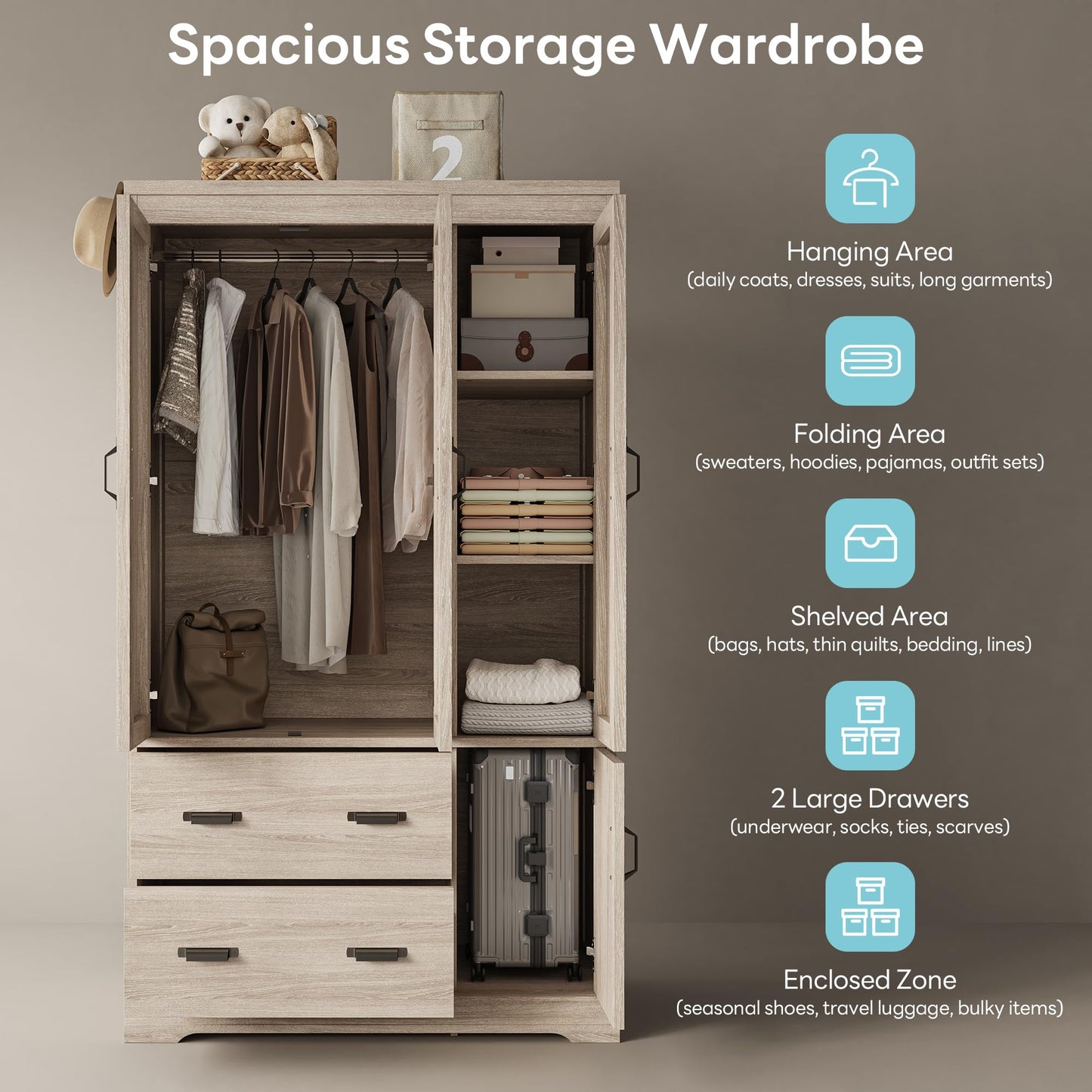 LIKIMIO Wardrobe Closet, 70" Tall 4 Doors Large Wooden Closet with 2 Drawers, 3 Shelves Bedroom Armoire with Hanging Rod, Freestanding Storage Cabinet for Hanging Clothes, Light Oak