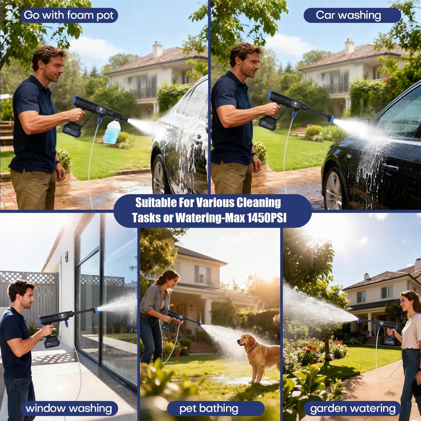 Cordless Pressure Washer,1450 PSI Brushless Portable Power Washer with LCD Display & Pressure Adjustable,2×21V Rechargeable Batteries 6-in-1 Nozzle for Car,Patio,RV,Fence & Yard Cleaning