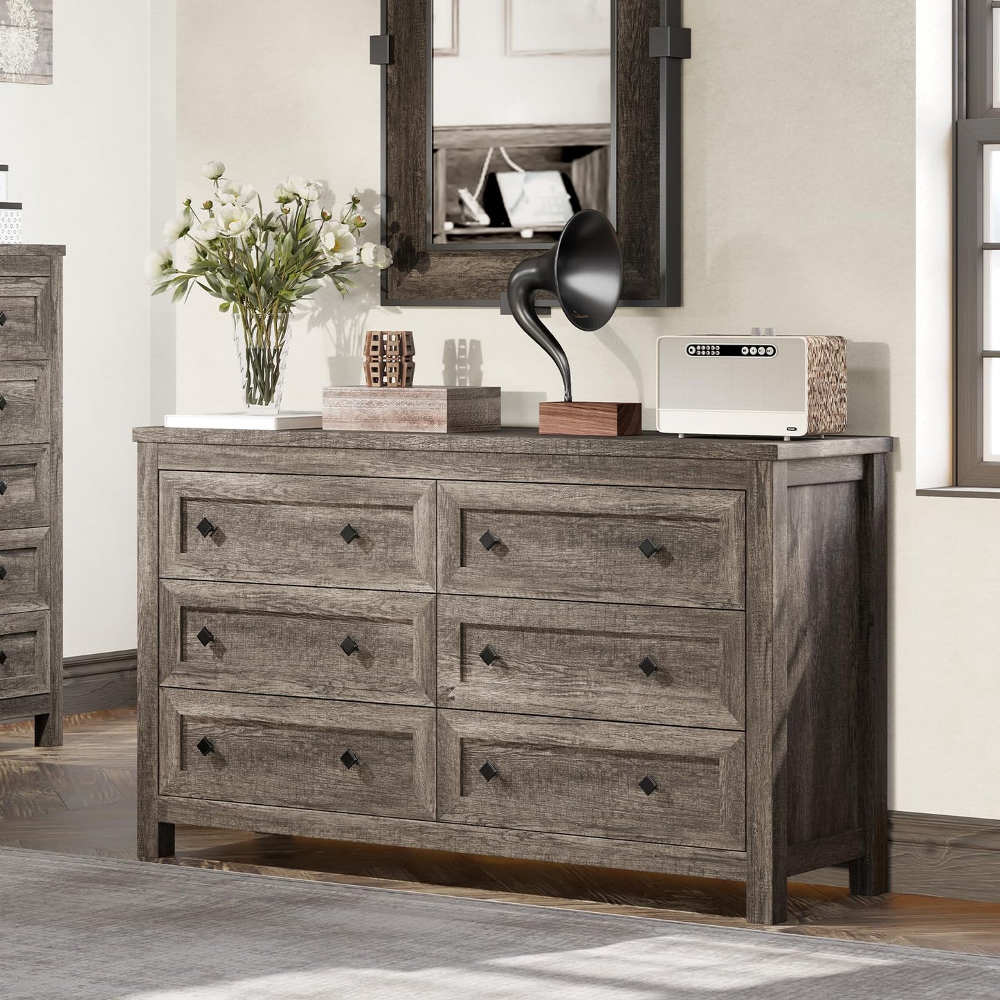 AMERLIFE 54" Wood Dresser with 6 Drawers, Farmhouse Chest of Drawers & Storage Dresser for Bedroom Furniture, Wide Drawer Organizer for Closet, Rustic Grey, Hallway