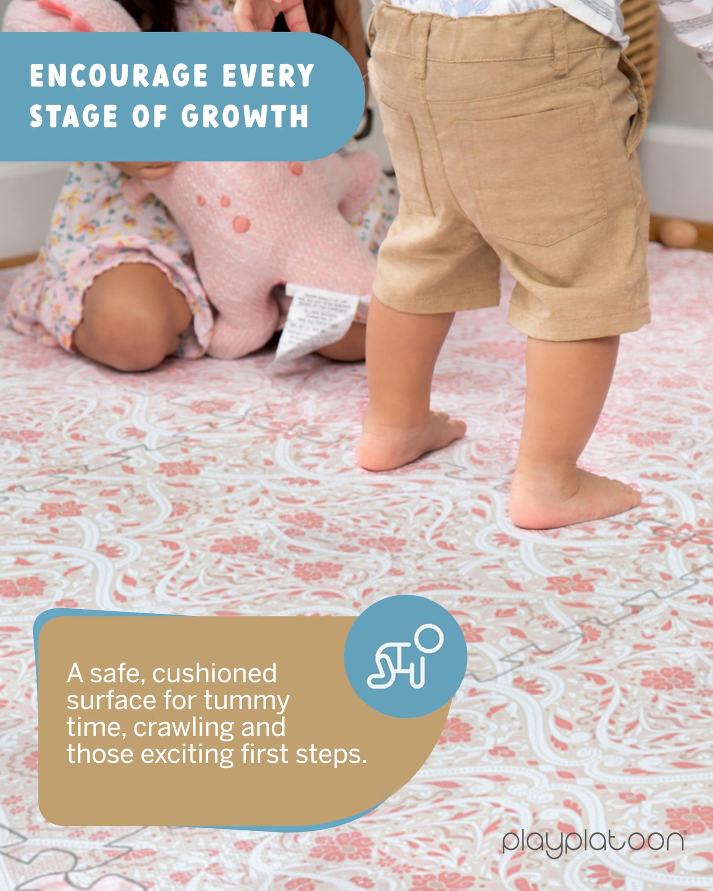 Play Platoon Non-Toxic Large Baby Play Mat for Floor, 16 Tile 96 x 96 inch - Extra-Thick Interlocking Foam Floor Tiles 24 x 24 in Puzzle Mat Pieces with Border, Playmat for Toddlers & Children - Petal