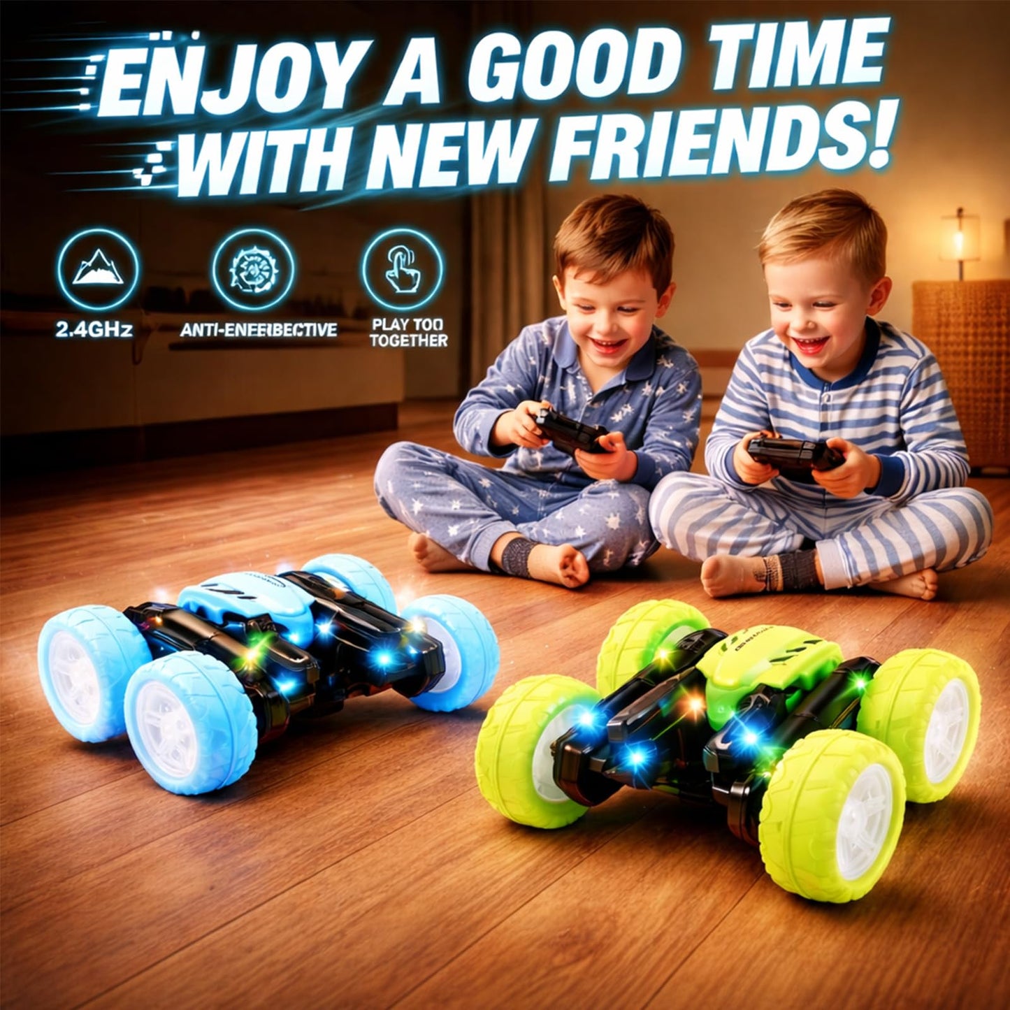 Titrot Remote Control Car for Kids, 360° Rotating Stunt Car, Double-Sided Driving, 2.4GHz RC Car, Rechargeable All-Terrain Toy, LED Glowing Wheels with Projection, for Boys & Girls Ages 4-8