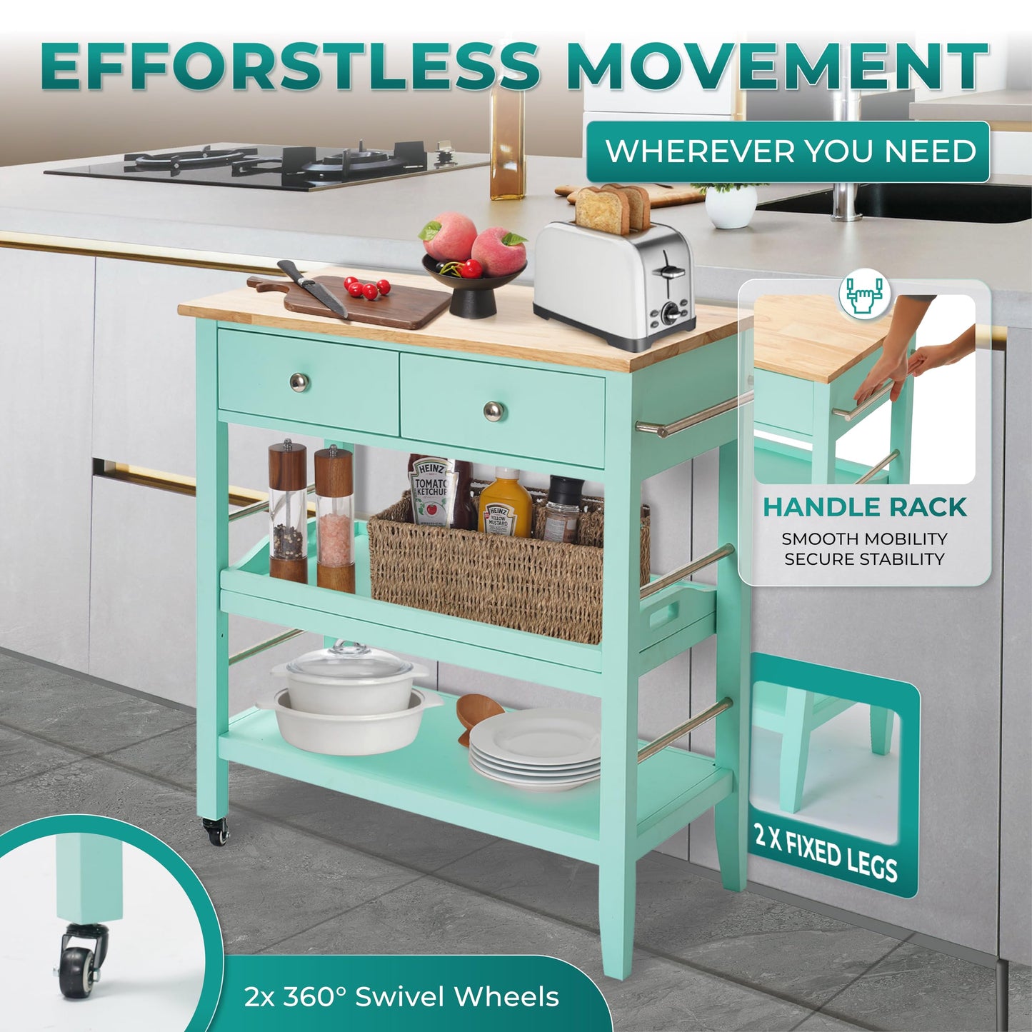 ARROWSTONE Rolling Kitchen Island Cart, Teal Kitchen Cart with Rubberwood Top, Ample Storage Drawers, Adjustable Shelves, Utility Cart with Wheels for Small Kitchens, 35” Height