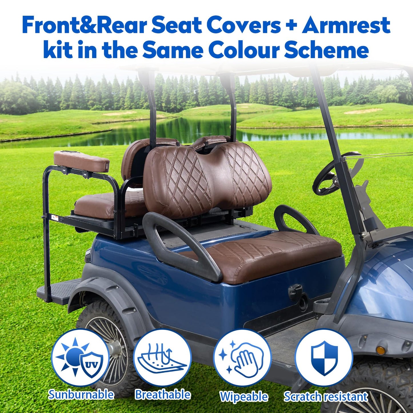 NOKINS Golf Cart Seat Covers for Club Car Precedent, Vinyl Front&Rear Seat Cover with Flip-Up Armrests kit, with Cup Holder, for 1" Square Tube(Brown&Brown 8438)